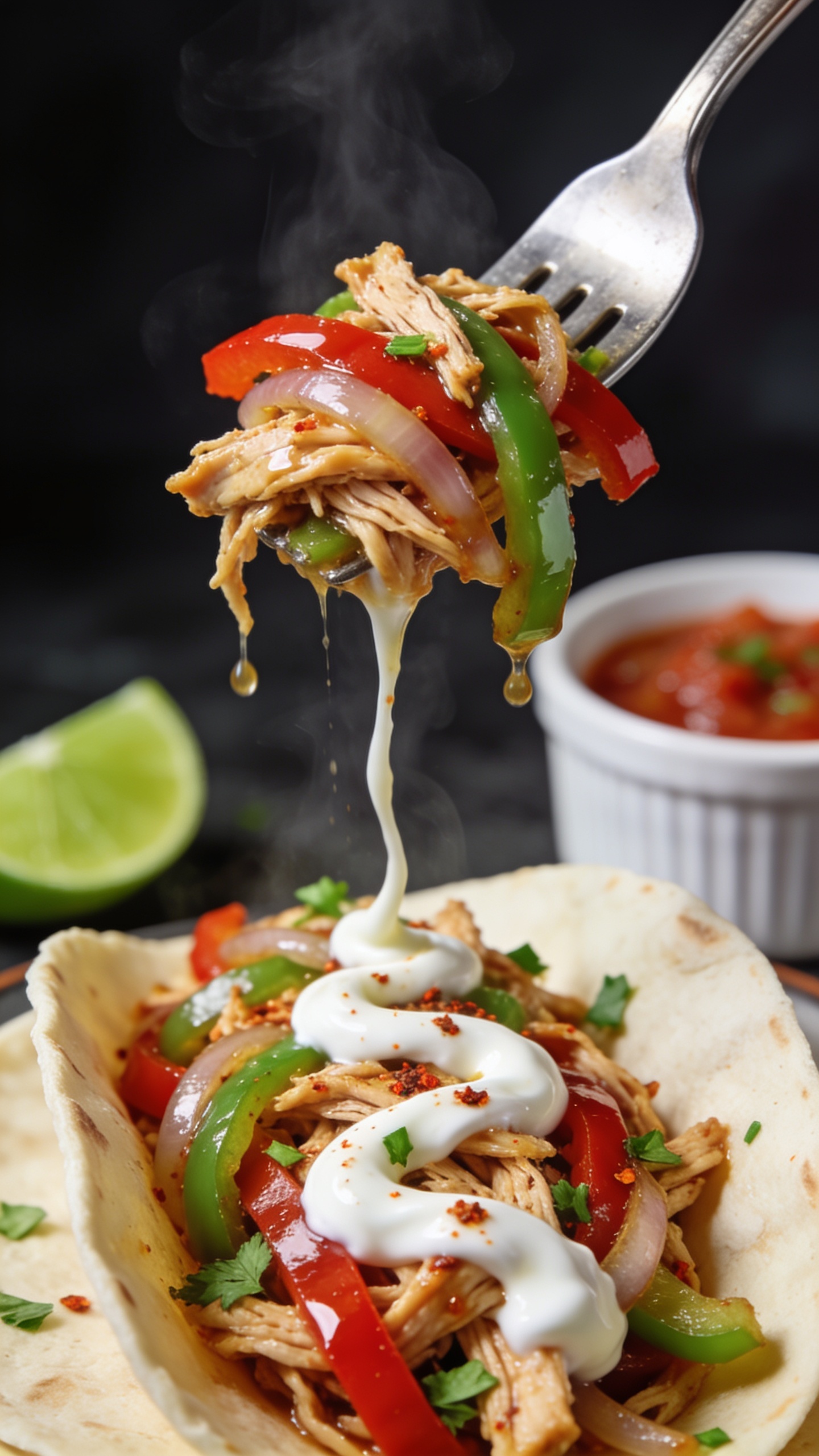 Dynamic action close-up capturing a fork lifting the perfect bite of the finished fajita filling: a tender strand of shredded crockpot chicken tangled with glossy red and green pepper strips and onion, juices clinging and a micro-drip mid-fall; the fork rising from an open tortilla loaded with the same filling, a swirl of thick Greek yogurt streaking and stretching slightly, flecks of chile spice and chopped cilantro visible; faint steam, a lime wedge and ramekin of salsa softly bokeh’d; bright natural lighting, shallow depth of field, 90–95% frame filled with the food, no hands visible, premium magazine-style anticipation one second before the bite.