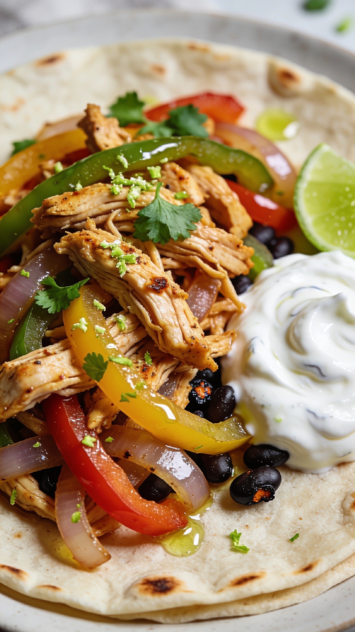 Extreme close-up angled top-down of a single open-face fajita on a high-protein tortilla, edges lightly blistered, piled high with juicy shredded chicken, tender tricolor peppers, and onions, glossy with fajita seasoning; fresh cilantro scattered, micro-grated lime zest and a light squeeze of lime glistening over the surface, a dollop of Greek yogurt nestled to the side with faint swirls; a few black beans tucked in for added protein, charred bits peeking through; vibrant, steamy, richly textured, bright natural light, shallow depth of field, 90–95% of the frame filled with the food, cohesive with the other images, no text.