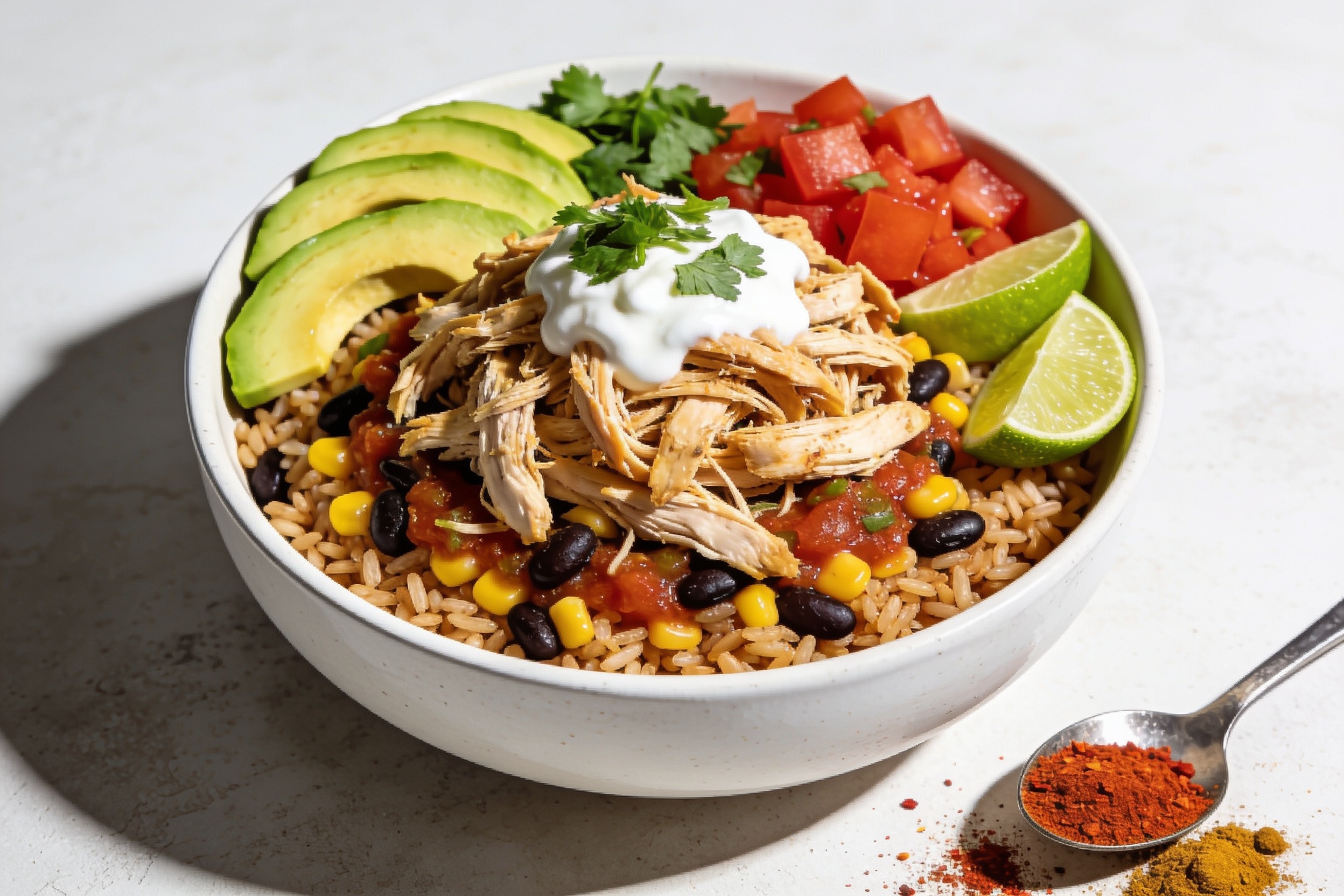 High Protein Crockpot Chicken Burrito Bowls