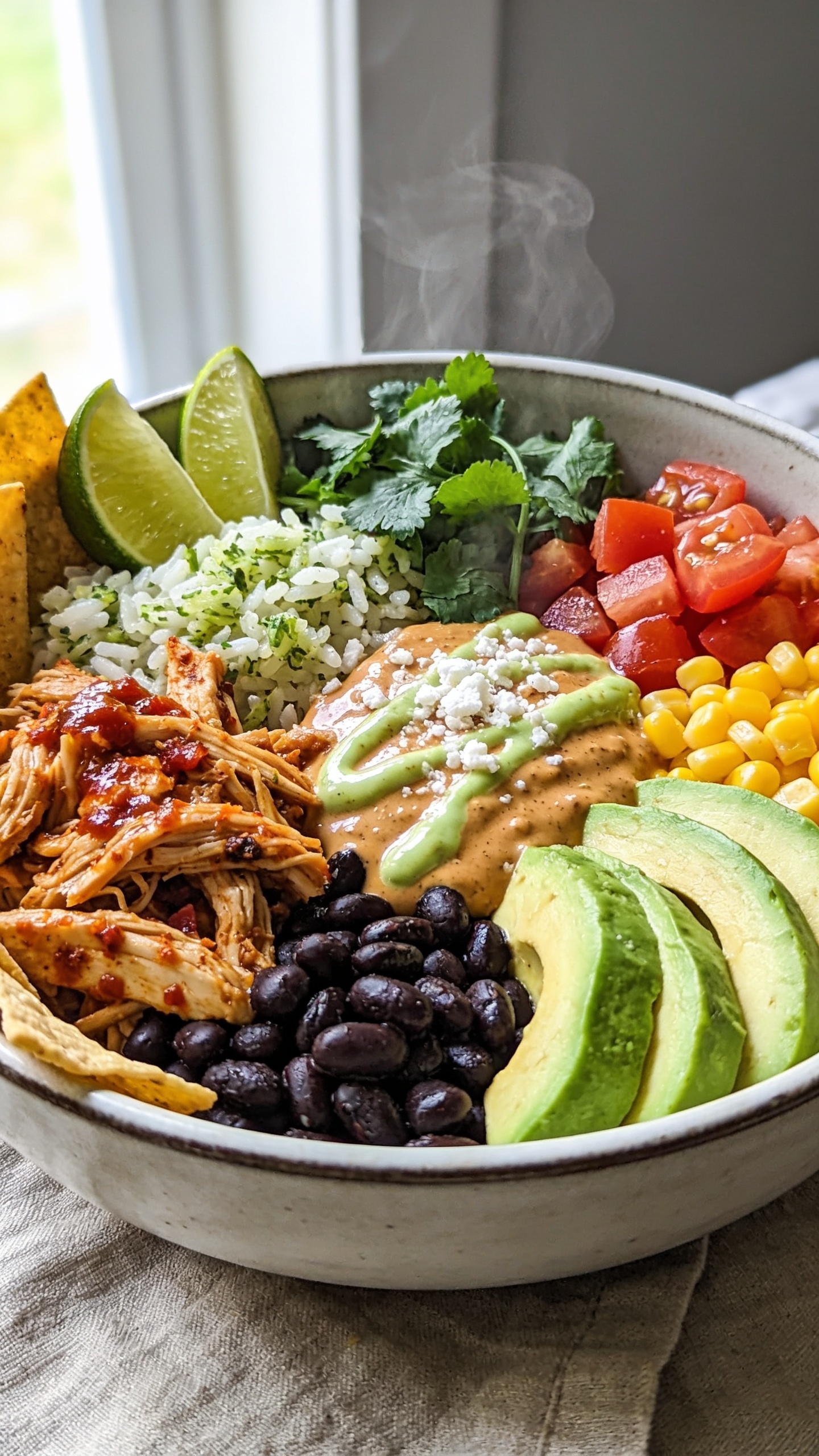 Ultra-close hero shot of a high-protein crockpot chicken burrito bowl, overhead three-quarter angle, food filling 90–95% of frame. Components arranged neatly in distinct sections but slightly mingling: glossy shredded chicken tossed with salsa and smoky spices, fluffy cilantro-lime rice, black beans, sweet corn, diced ripe tomatoes, creamy avocado slices, a drizzle of creamy chipotle-lime sauce, fresh cilantro, lime wedges tucked at the rim, and a sprinkle of cotija cheese. Optional crunchy tortilla strips peeking at the edge. Bright natural window light from the side, shallow depth of field with the front third tack sharp, steam faintly rising, saturated yet natural colors, ceramic bowl on a neutral linen to keep focus on vibrant textures.