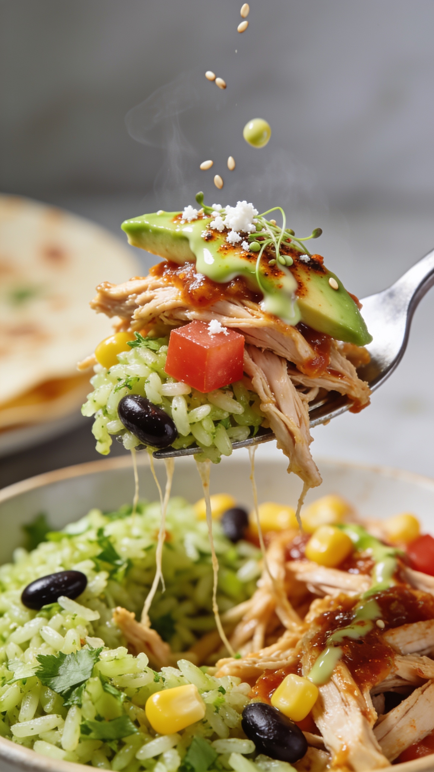 Dynamic action close-up capturing the single most irresistible bite: a fork lifting the perfect mouthful from the same burrito bowl, one second before the bite. The fork holds a cohesive stack—juicy shredded chicken glistening with salsa, a mound of cilantro-lime rice, a black bean or two, a kernel of corn, a small cube of tomato, a sliver of avocado lightly glazed with chipotle-lime crema, micro-beads of cotija clinging. Tiny strands of chicken stretch toward the bowl, a few sesame-sized droplets of crema mid-air, faint steam rising. Background is the same bowl, blurred with shallow depth of field, bright natural side lighting creating appetizing highlights, food filling 90–95% of the frame, no hands visible.