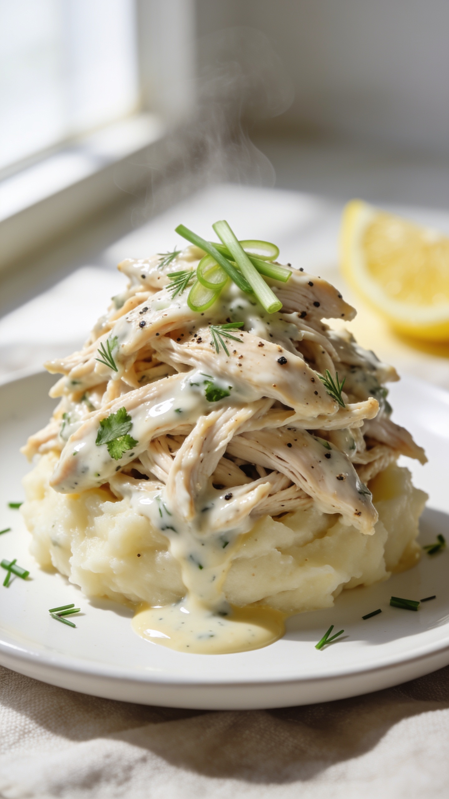 Ultra close-up hero shot of high protein crockpot ranch chicken shredded into juicy strands, coated in a glossy, creamy ranch-Greek-yogurt sauce with flecks of dill, parsley, and cracked black pepper, piled over a small bed of fluffy mashed potatoes with a light drizzle of sauce pooling slightly at the base. Garnished with finely chopped chives and a few thinly sliced green onions, a lemon wedge blurred in the background hinting at brightness. Bright natural window light from the left, soft shadows, shallow depth of field, food filling 90–95% of frame, ceramic white plate on a light neutral linen, premium food-blog styling, steam faintly visible rising from the hot chicken.
