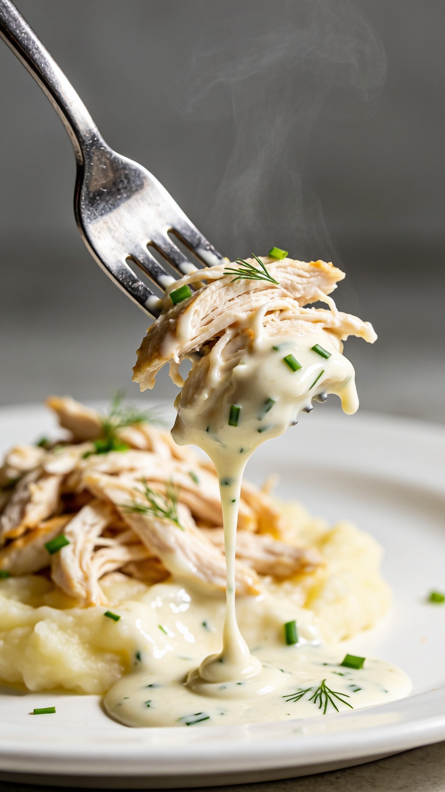 Dynamic action close-up: a polished fork lifting the perfect bite of the ranch chicken—juicy shredded strands clinging together—trailing a ribbon of glossy creamy ranch sauce back to the plate. Tiny green flecks of dill and chive dot the sauce; micro steam wisps rise. Background softly blurred plate with remaining chicken over mashed potatoes, a gentle sauce sheen catching the light. No hands visible, only the fork tip and lifted bite. Bright natural lighting, shallow depth of field, 90–95% food in frame, motion frozen one second before the bite, craveable textures and vibrant herbs.