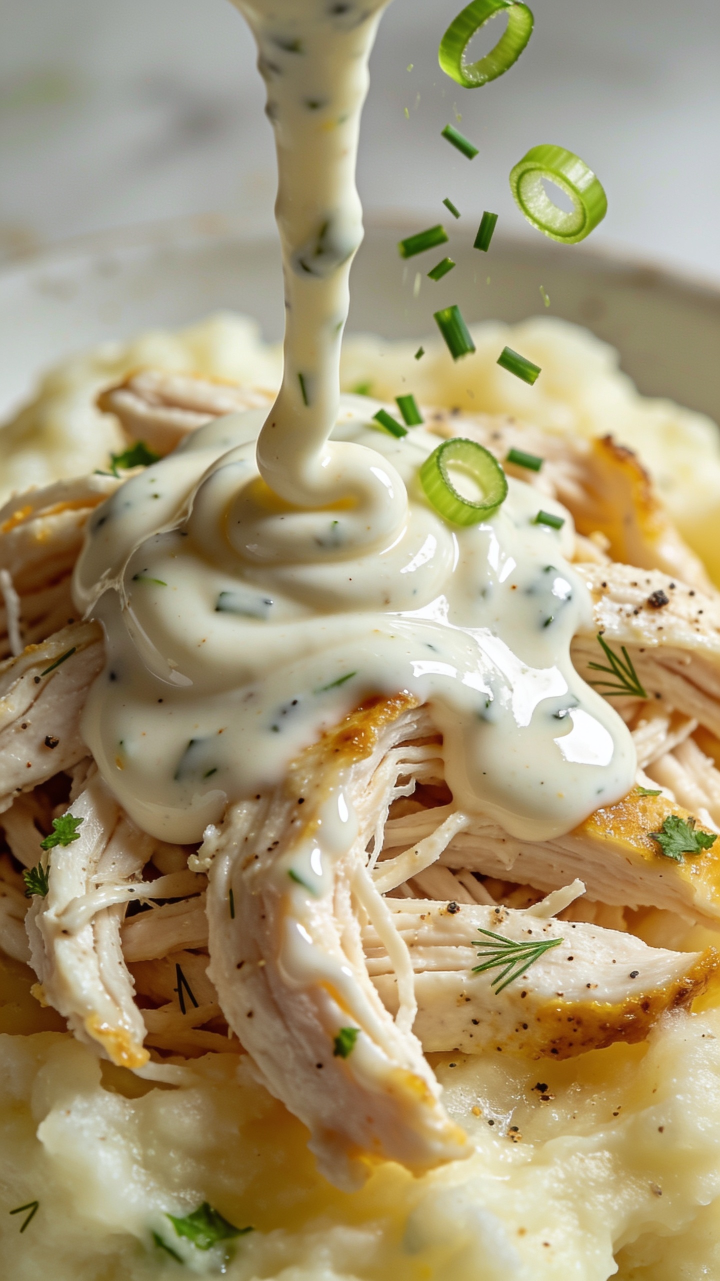 Tight macro angle from slightly overhead, focusing on the saucy surface of the shredded ranch chicken atop mashed potatoes: glistening cream-coated fibers, golden edges, and visible ranch herb speckles (dill, parsley) with freshly cracked pepper. A light drizzle of extra creamy ranch sauce just poured over the top, forming lustrous swirls and small glossy puddles; a sprinkle of finely chopped chives and a few green onion rings falling mid-air. Bright natural light, shallow depth of field with bokeh, food dominating 90–95% of the frame, cohesive styling to match the hero image.