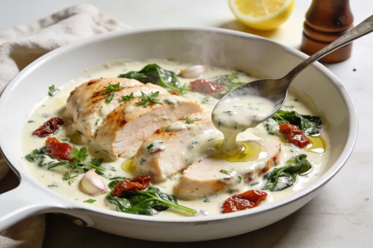 High Protein Crockpot Tuscan Chicken