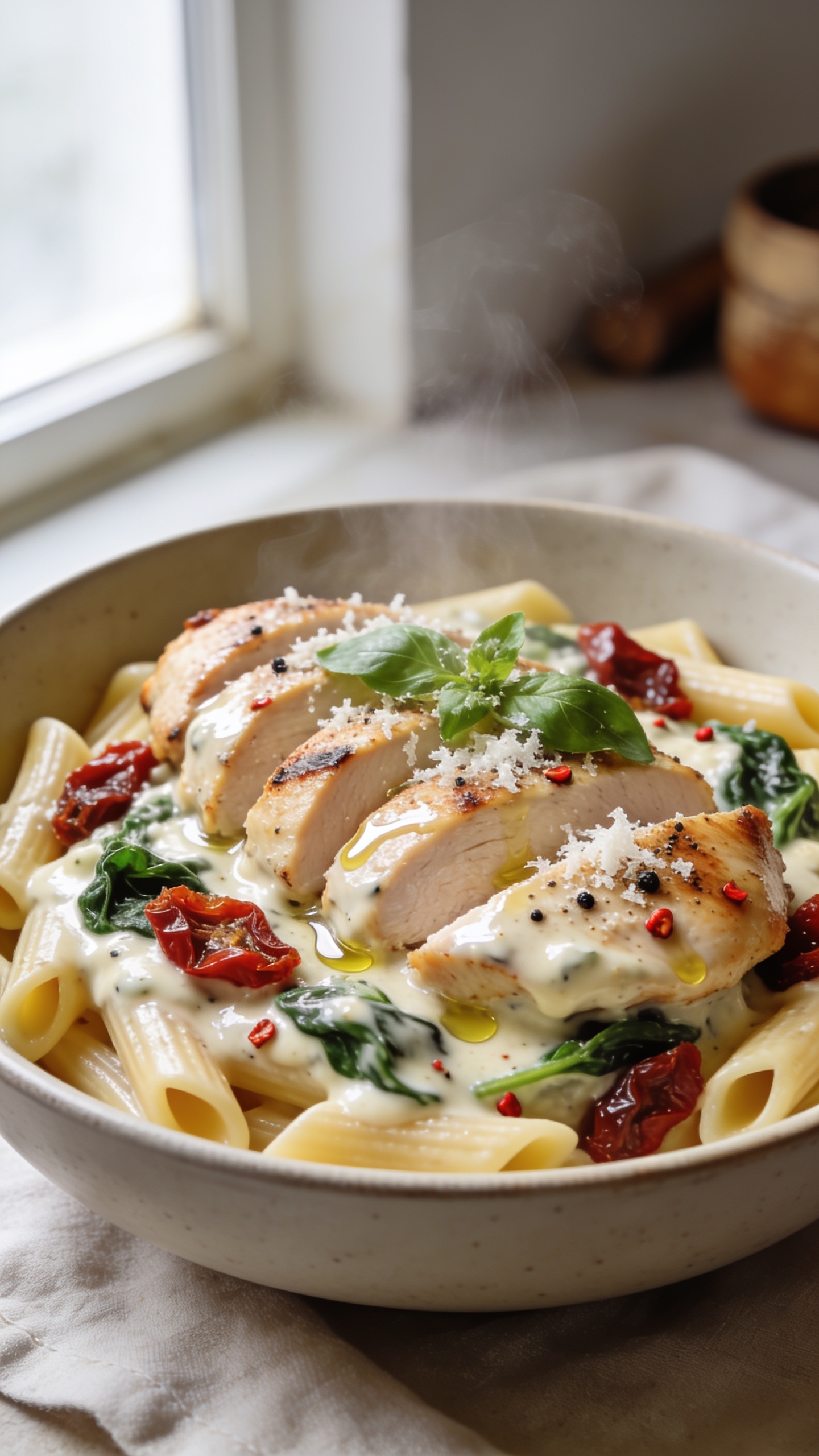 Ultra close-up hero shot of High Protein Crockpot Tuscan Chicken: juicy seared chicken breasts sliced and nestled in a glossy, creamy garlic-Parmesan Greek yogurt sauce, studded with sun-dried tomatoes and wilted spinach, flecks of cracked black pepper and red pepper flakes, finished with a light drizzle of olive oil and a shower of freshly grated Parmesan and torn basil. Serve over al dente penne pasta lightly coated in the same sauce so the dish looks cohesive. Bright natural window light from the left, shallow depth of field, creamy sauce clinging to pasta and chicken, steam subtly rising, neutral matte ceramic bowl on a light linen with minimal rustic props blurred far in the background. Food fills 90â95% of frame; rich textures, vibrant greens and deep red tomatoes pop.