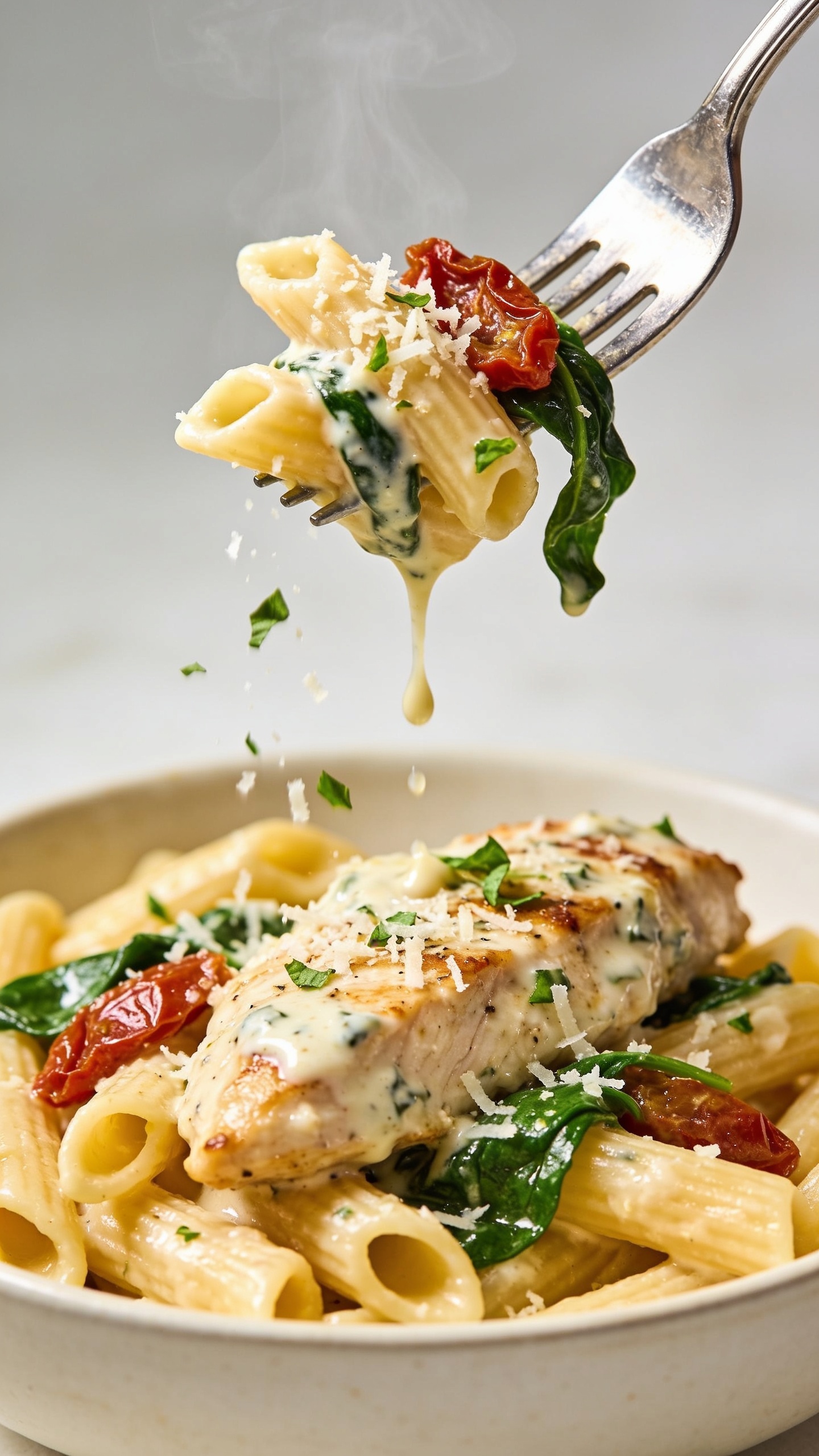 Dynamic action moment: a polished silver fork lifting the perfect bite of the same Tuscan chicken and pasta one inch above the bowlâone juicy strip of chicken coated in creamy garlic-Parmesan Greek yogurt sauce, a strand or two of penne twisted around the tines, a sun-dried tomato piece and a silky ribbon of wilted spinach clinging on. Micro-shreds of Parmesan and tiny basil confetti are mid-fall onto the suspended bite, with a glossy sauce thread stretching back toward the bowl. Bright natural side light, shallow depth of field, steam visible, no hands, only the utensil; food fills 90â95% of frame with motion frozen at peak anticipation.