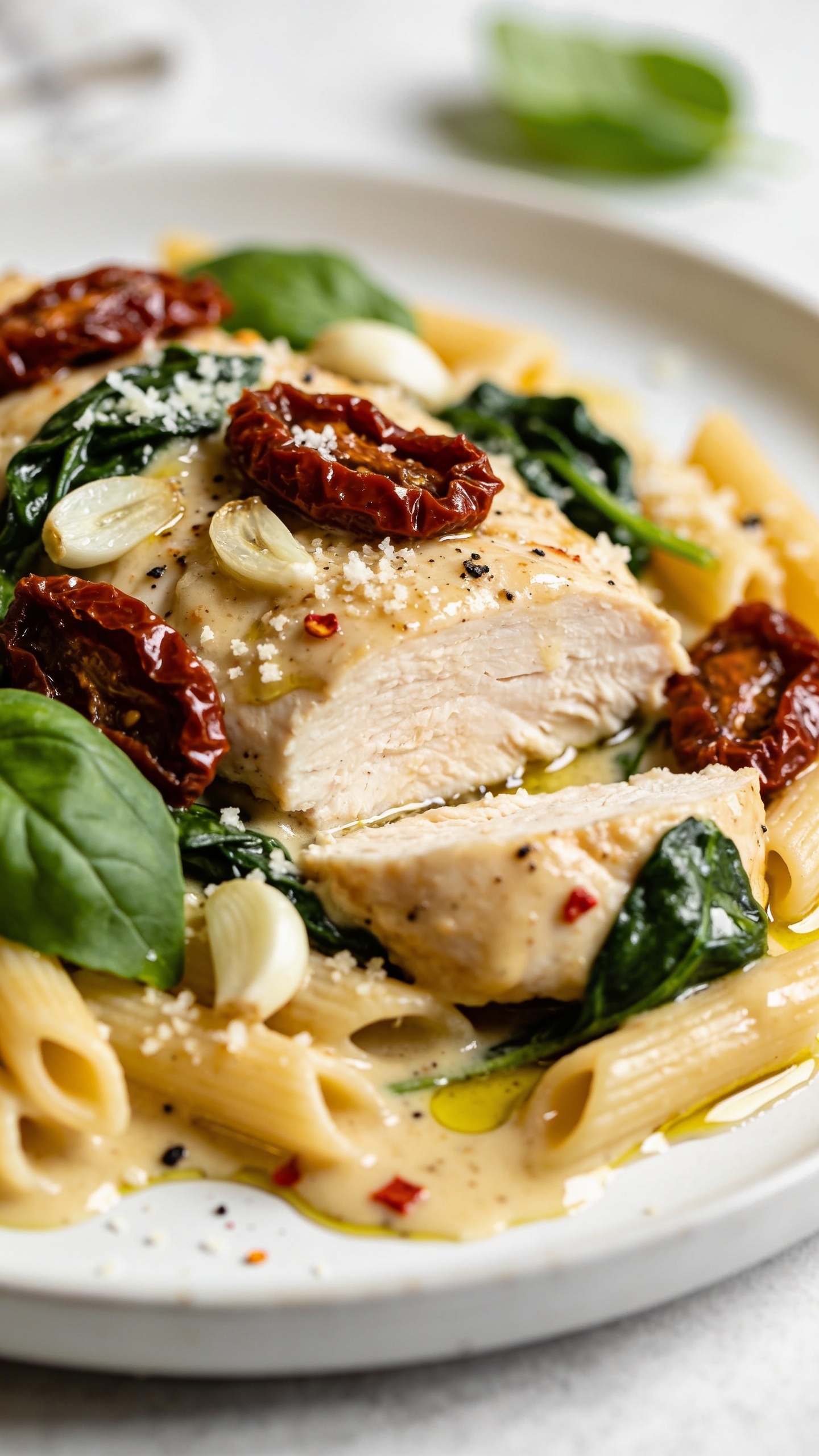 Macro close-up from a 45-degree angle focusing on texture: the same plated Tuscan chicken over penne, sauce luxuriously pooling and glistening, visible garlic, specks of pepper, and red pepper flakes. Sun-dried tomatoes appear plump and lacquered; spinach looks just-wilted and vibrant. A light olive oil sheen and freshly grated Parmesan melt into the sauce, with a few larger basil leaves for contrast. Bright natural lighting, shallow depth of field isolating a sliced chicken piece showing moist interior fibers. Neutral backdrop and minimal props blurred; food dominates 90â95% of the frame, emphasizing creamy, juicy, high-protein comfort.