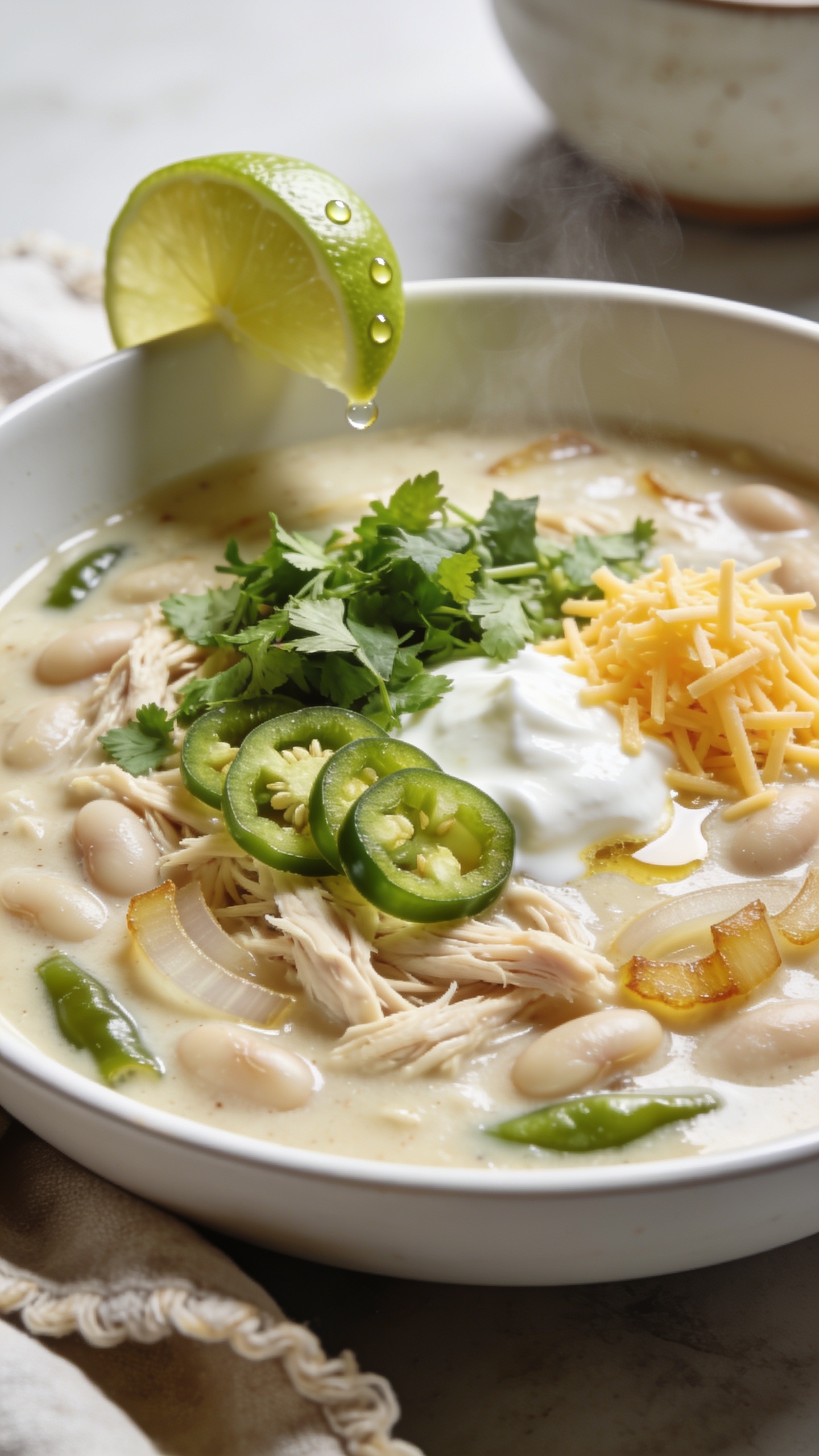 Ultra-close hero shot of High Protein Crockpot White Chicken Chili in a wide, shallow white bowl, filling 90–95% of the frame. Thick, creamy white chili base with visible tender shredded chicken, plump white beans, mild green chiles, and golden edges of sautéed onion. Garnished consistently: a generous sprinkle of chopped fresh cilantro, thinly sliced jalapeño rings, a dollop of Greek yogurt or light sour cream slightly melting into the surface, a small mound of shredded Monterey Jack, and a fresh lime wedge perched on the rim with a light squeeze visible as tiny droplets on the surface. Glossy sheen, subtle steam rising, bright natural side light, shallow depth of field, soft linen napkin edge and neutral ceramic background blur for premium food-blog styling.