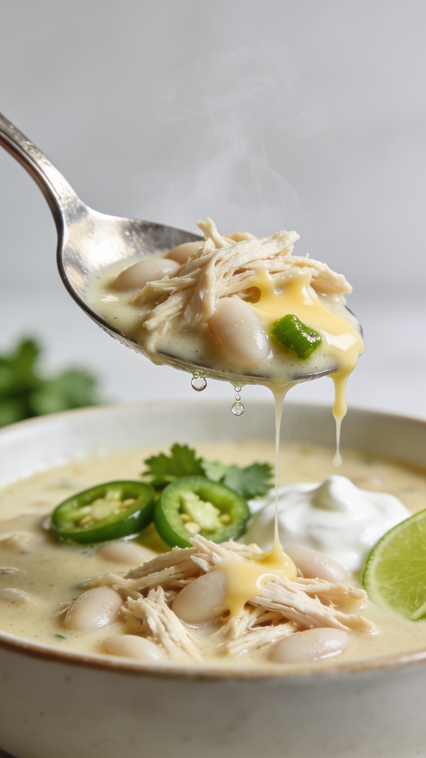Dynamic action close-up of the same chili and garnishes, captured one second before the bite: a polished soup spoon lifting the perfect bite from the bowl, heaped with creamy broth, shredded chicken strands, white beans, a bit of melted Monterey Jack stretching slightly, and a fleck of green chile. Tiny droplets cling to the spoon’s underside, with wisps of steam rising. Background shows the same bowl and consistent garnishes (cilantro, jalapeño rings, dollop of yogurt, lime wedge) softly blurred. Bright natural lighting, shallow depth of field, rich textures, food filling 90–95% of frame, no hands or people.