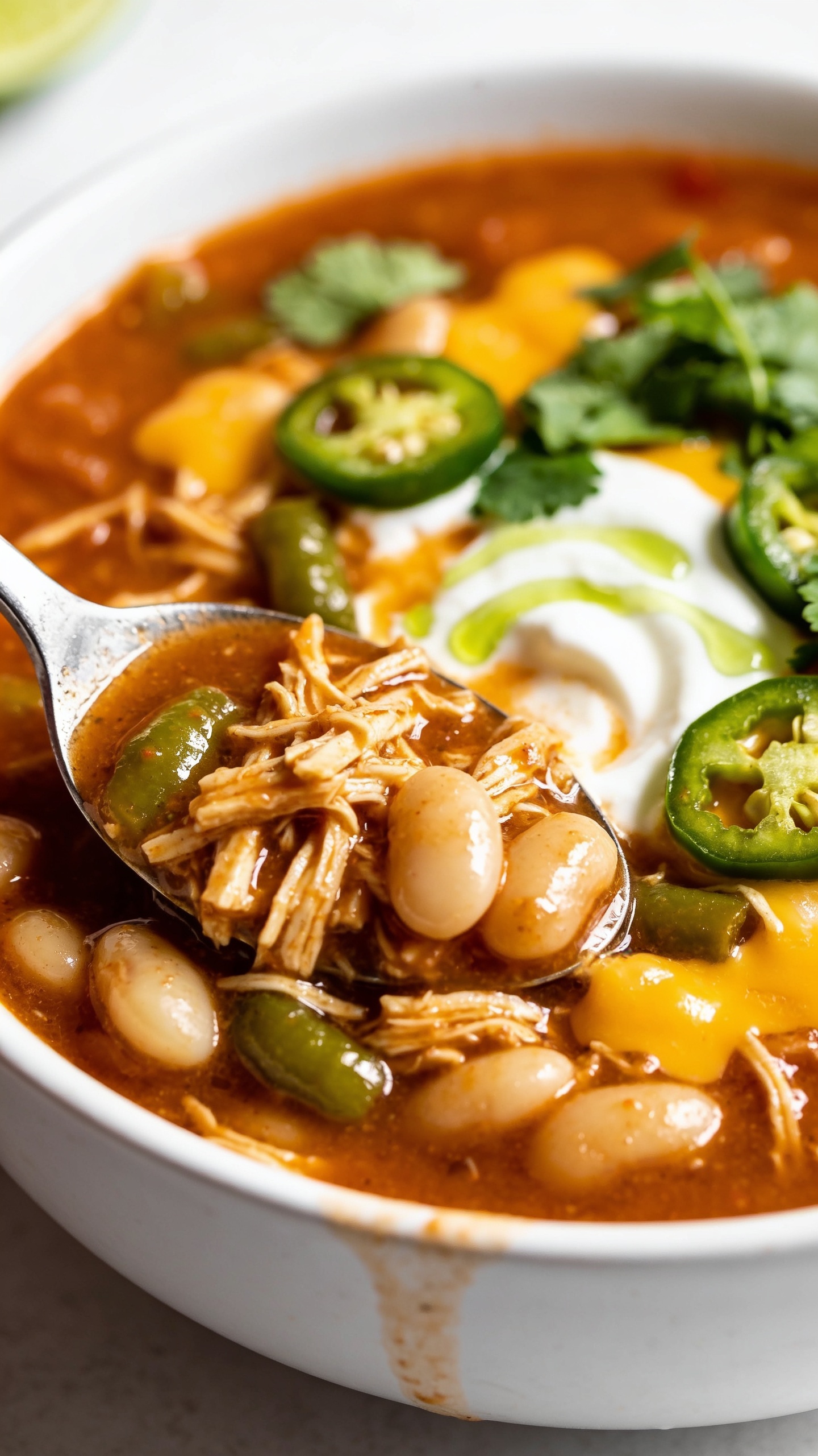 Macro side angle of the same finished chili in the same white bowl and garnishes, emphasizing glossy, creamy surface and hearty texture. Focus on a spoon resting in the bowl (not lifted) to show thickness, with visible shredded chicken fibers, tender white beans, green chiles, and melty pockets of Monterey Jack. Fresh cilantro and jalapeño rings glisten; the dollop of yogurt has swirled slightly into the broth. A subtle squeeze trace from the lime wedge is visible on the surface. Bright natural light, shallow depth of field, tight composition with food dominating 90–95% of frame, cohesive styling matching the hero image.