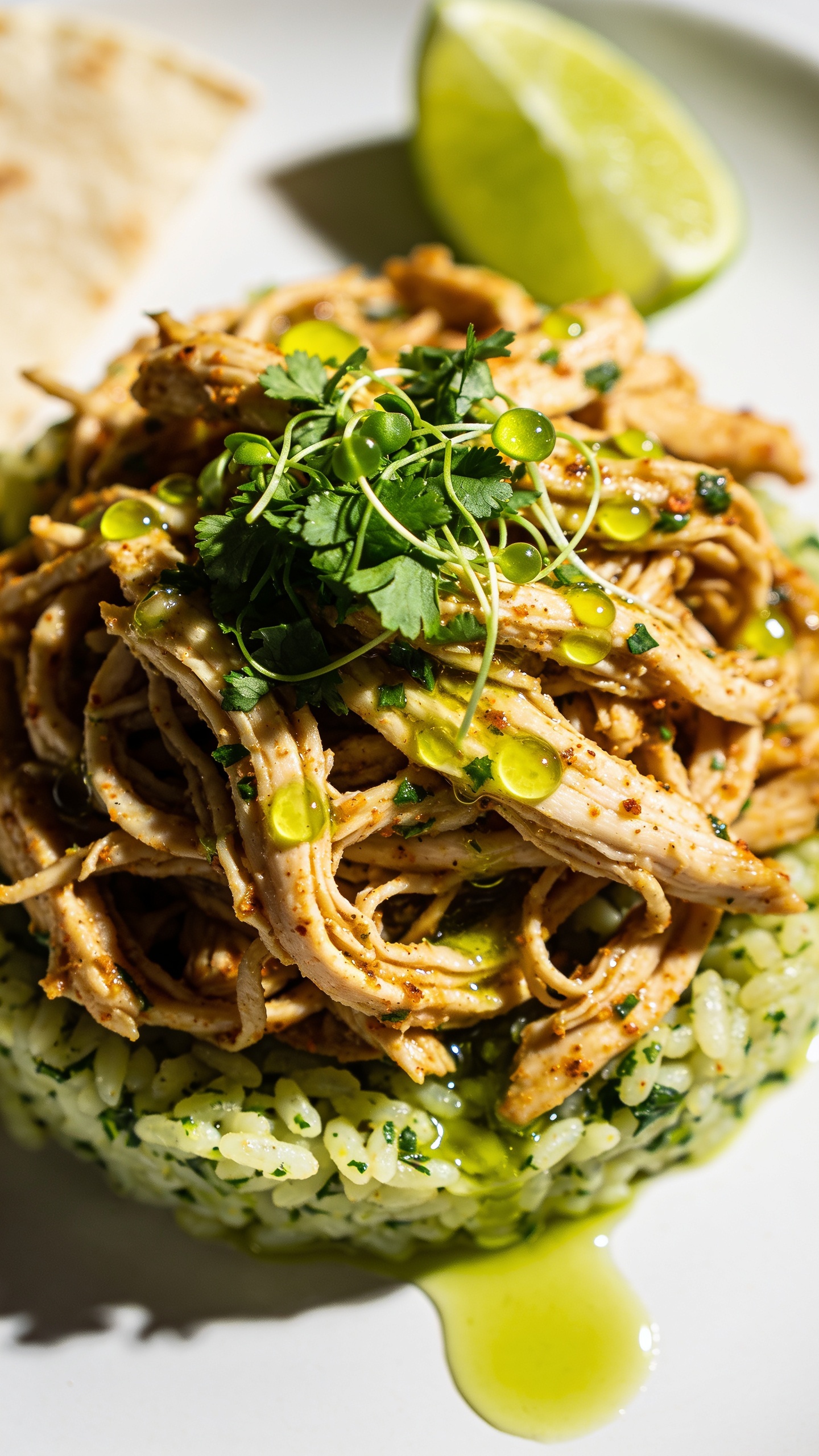 Extreme macro angle from slightly overhead of the same plated dish: tangled, succulent shreds of cilantro lime chicken crowned with a fresh sprinkle of chopped cilantro, micro-beads of lime juice glistening on the surface, warm spices speckled throughout; edges of fluffy cilantro-lime rice peeking from beneath; a thin stream of limey jus pooling lightly at the base for shine; lime wedge and tortilla edge softly out of focus; bright daylight, crisp highlights, soft shadows, shallow depth of field; rich textures and vibrant greens/golds; food fills 90â95% of frame, cohesive with the other images.