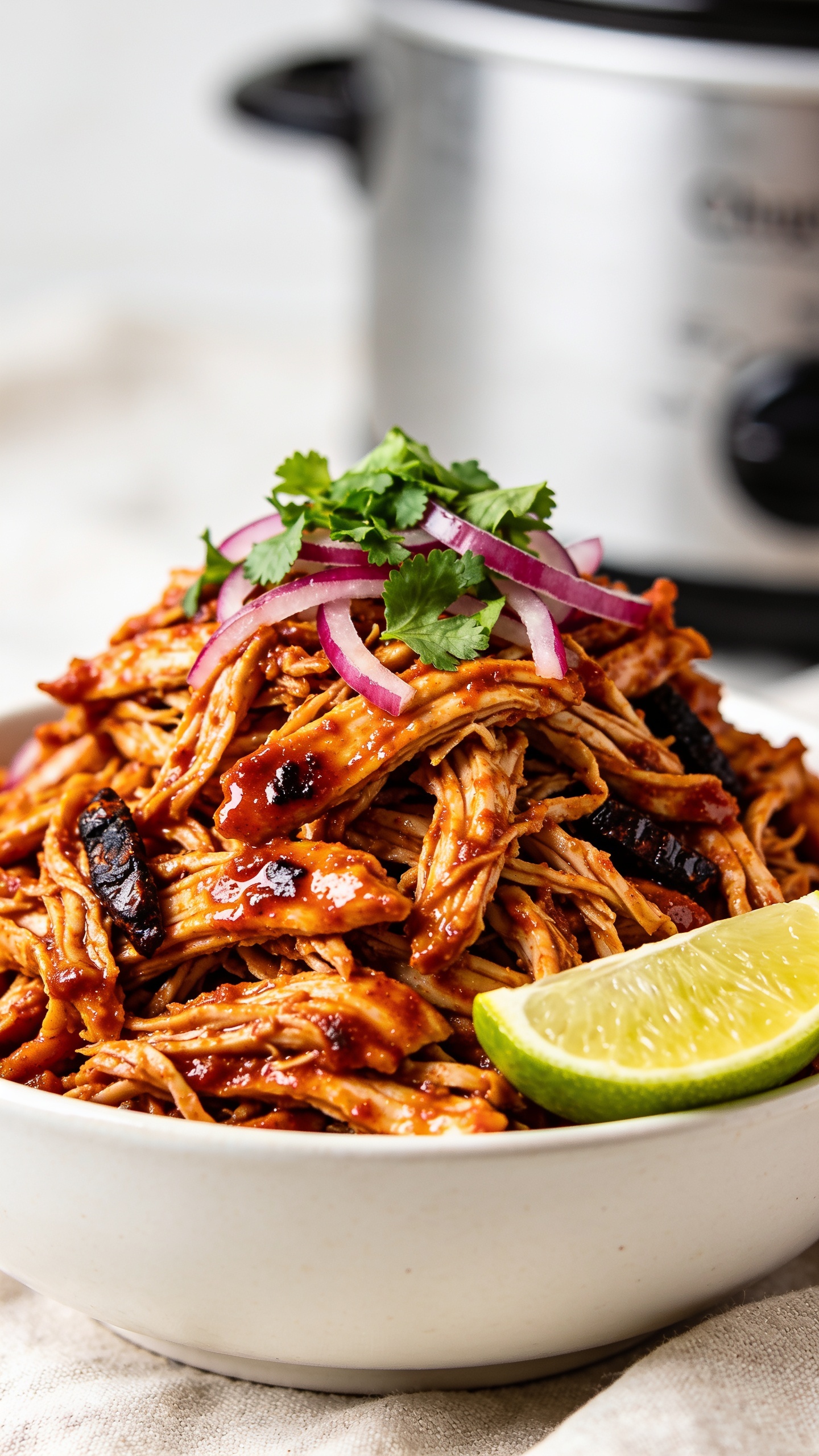 Ultra-close-up hero shot of High Protein Crockpot Chipotle Chicken piled generously in a shallow white ceramic bowl, the shredded chicken glistening with a rich brick-red chipotle-adobo sauce; visible tender strands, juicy sheen, and a few charred chipotle flecks; garnished with a squeeze of fresh lime wedge on the rim, a scatter of chopped cilantro, and thinly sliced red onion for contrast. Background softly blurred with a neutral light linen and a hint of the crockpot out of focus. Bright natural side lighting, shallow depth of field, 90–95% of frame filled with the saucy chicken, premium food-blog styling, vibrant yet balanced colors.
