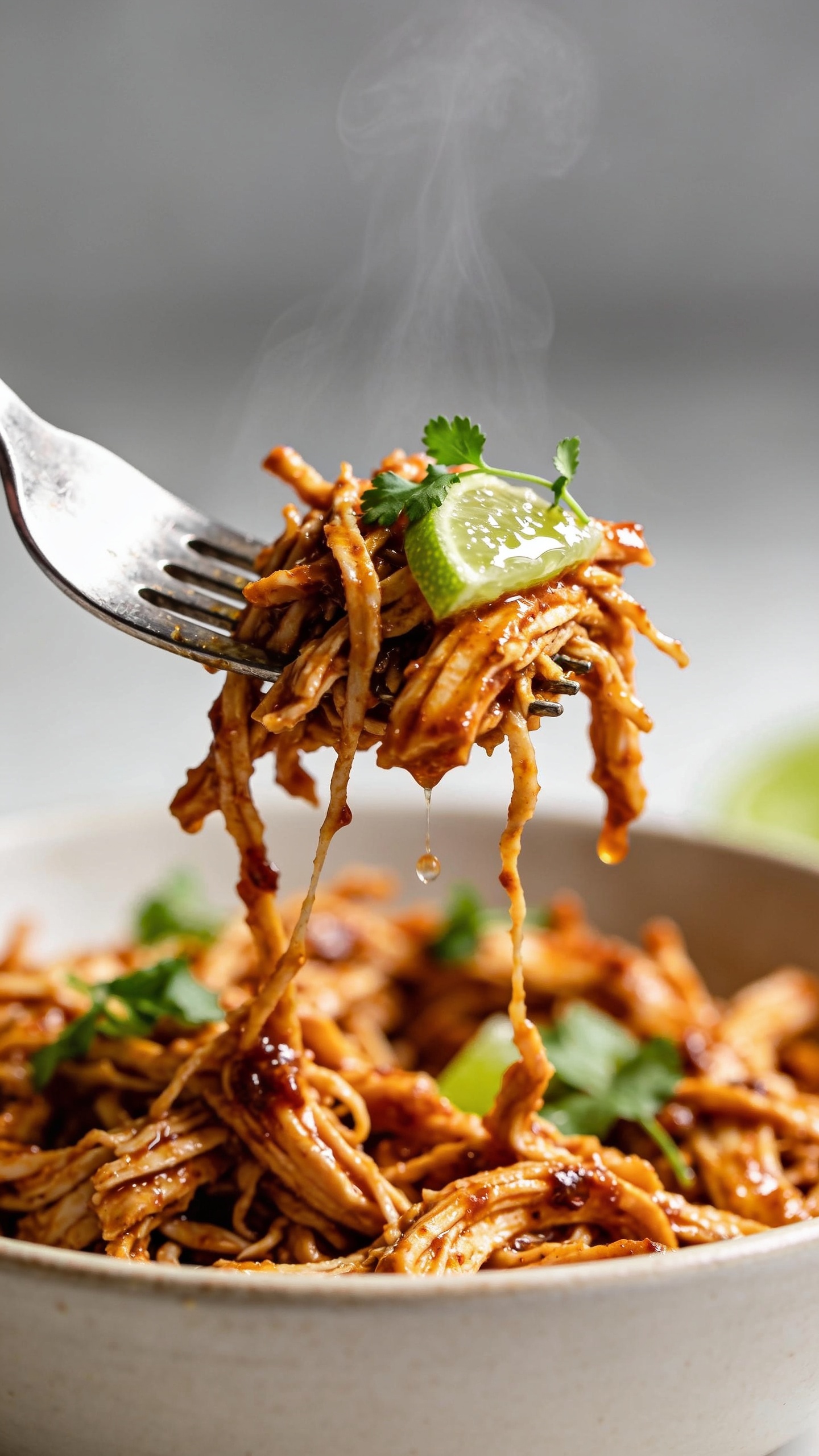 Irresistible action close-up: a polished fork lifting the perfect bite of the same shredded chipotle chicken straight from the bowl, strands stretching and glistening with glossy adobo sauce as tiny droplets cling and a wisp of steam rises; a few micro cilantro leaves stick to the bite and a glimmer of lime juice glistens on the surface. Background remains the same bowl of chicken, softly blurred; bright natural light, shallow depth of field, food filling 90–95% of frame, no hands visible, dynamic motion frozen one second before the bite.