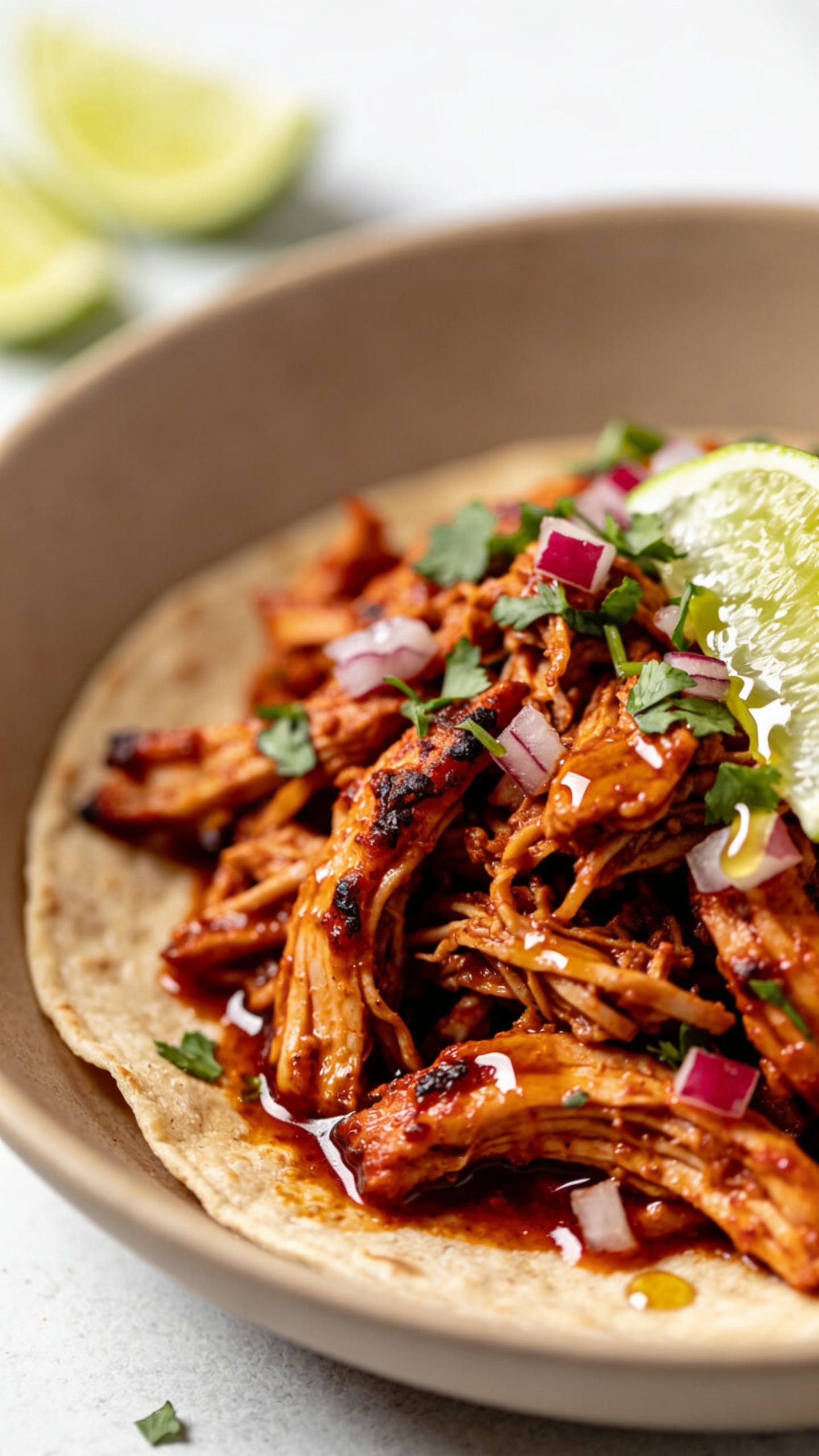 Extreme close-up from a three-quarter angle of the same finished chipotle chicken spooned over a minimalist warm tortilla base in the bowl, emphasizing succulent shredded texture, glossy sauce pooling lightly, and caramelized edges; dotted with finely chopped cilantro, micro-diced red onion, and a light drizzle of fresh lime for shine. Background softly blurred with a neutral surface and a hint of lime wedges out of focus. Bright natural lighting, shallow depth of field, food fills 90–95% of frame, rich textures and vibrant, smoky-red tones consistent with the hero image.