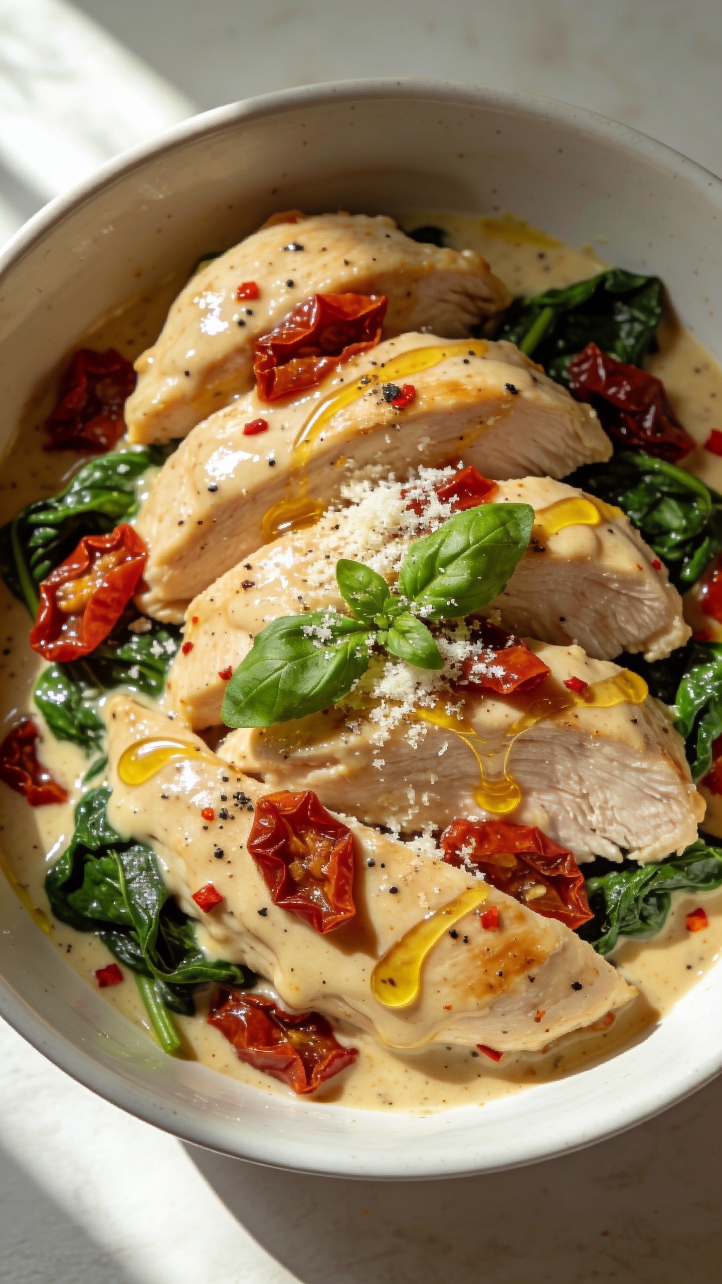 Ultra-close hero shot of High Protein Crockpot Sun-Dried Tomato Chicken plated in a shallow white bowl: sliced juicy chicken breasts bathed in a glossy, creamy garlic sauce studded with chopped sun-dried tomatoes and wilted spinach, flecks of black pepper and red pepper flakes, a light sprinkle of freshly grated Parmesan and torn basil on top, a few swirls of golden oil from the sun-dried tomatoes shimmering on the surface. Bright natural window light from the left, soft shadows, shallow depth of field focusing on the chickenâs moist texture and velvety sauce, minimal neutral background, premium food-blog styling, 90â95% of frame filled with the dish.