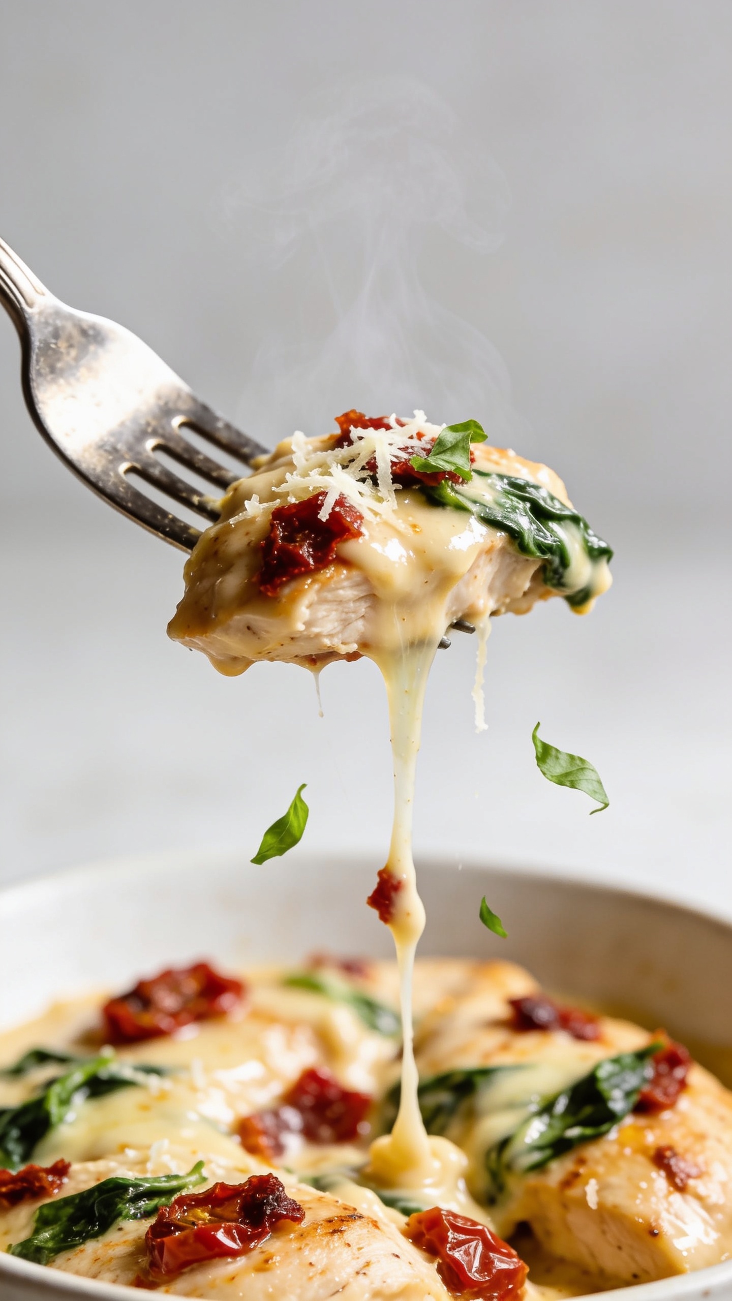 Dynamic action close-up capturing the exact bite: a polished fork lifting a perfect piece of the same sun-dried tomato chicken, dripping with the creamy, glossy sauce, a ribbon of melted Parmesan clinging and stretching slightly, tiny bits of sun-dried tomato and spinach on the bite. Visible steam rising subtly, a few basil shreds gently falling midair toward the bowl below. Shallow depth of field with the lifted bite razor-sharp and the saucy chicken in the bowl softly blurred. Bright natural lighting, rich textures, 90â95% of frame filled with food, no hands or people visible.