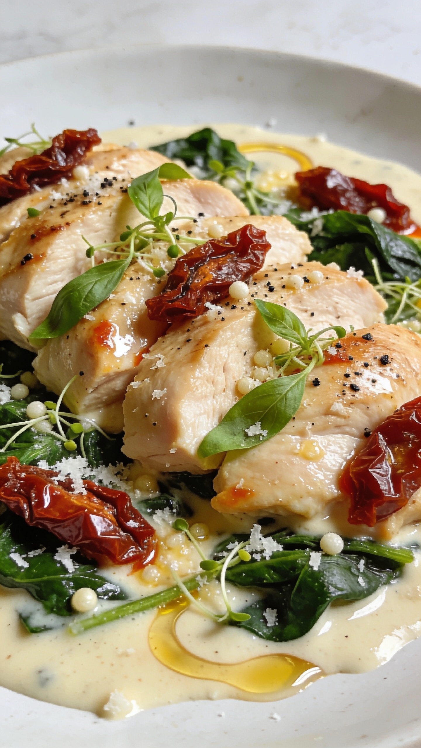 Extreme close-up from a low 3/4 angle of the same plated sun-dried tomato chicken: focus on the saucy surface where the cream sauce pools and glistens around thick slices of tender chicken, sun-dried tomato pieces glossy and wrinkled, spinach silky, micro-grated Parmesan melting into tiny beads, fresh basil ribbons and a light crack of black pepper on top. A subtle swirl of golden tomato oil marbling the sauce. Bright natural light, shallow depth of field emphasizing juicy textures and creamy sheen, premium styling, 90â95% of frame filled with the dish.
