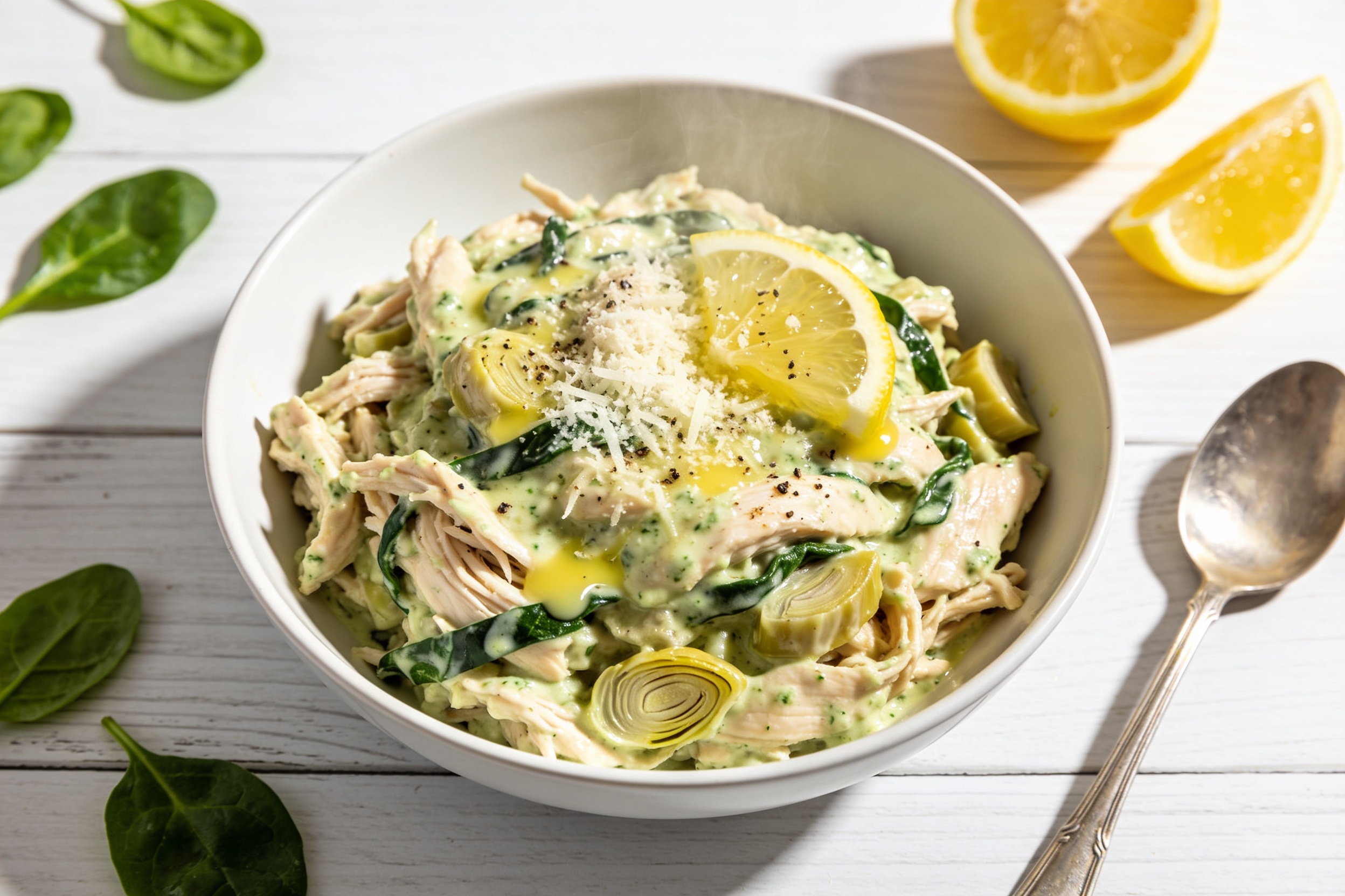 High Protein Crockpot Spinach Artichoke Chicken