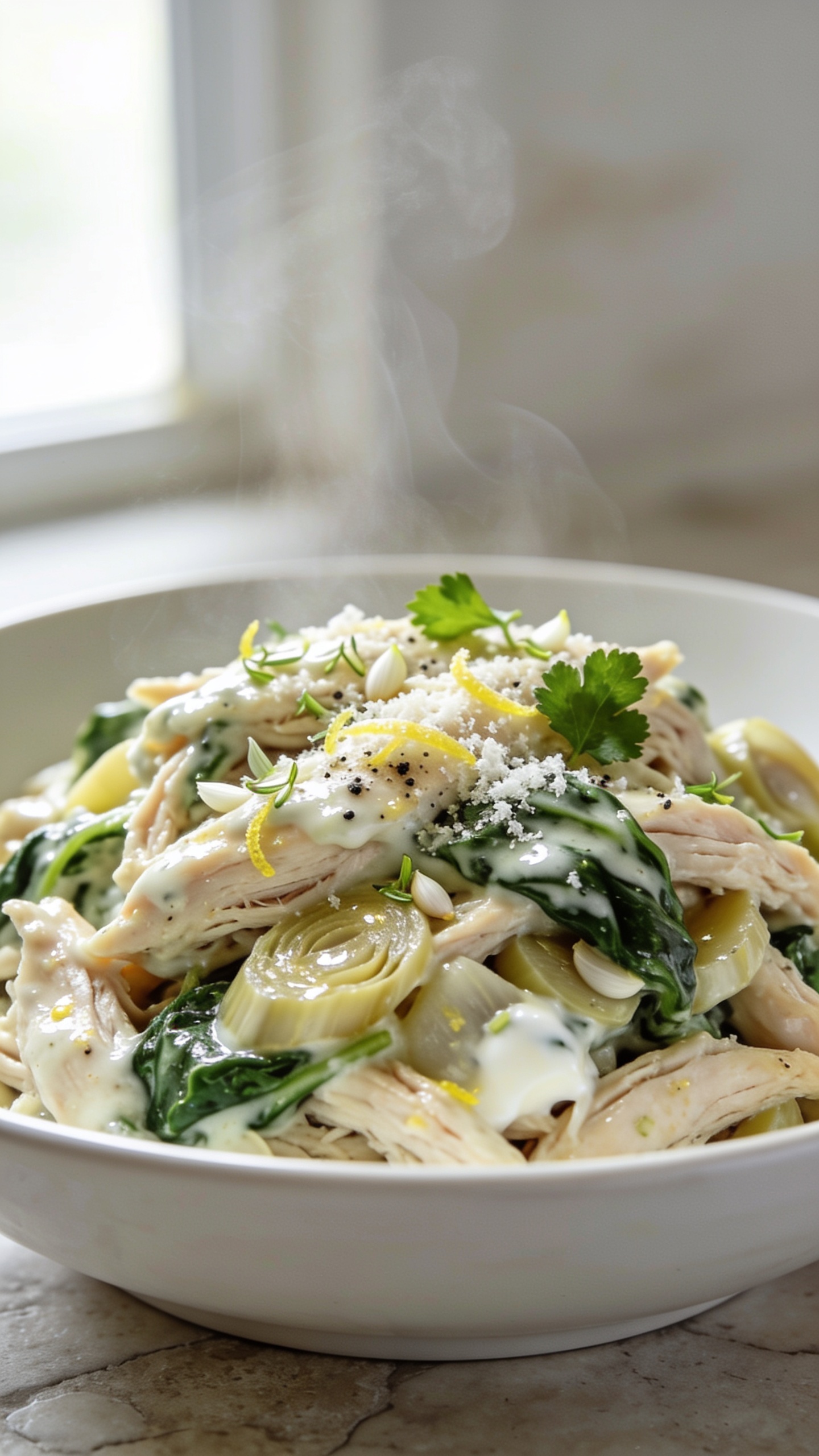 Ultra-close hero shot of high-protein crockpot spinach artichoke chicken plated in a shallow white bowl: juicy shredded chicken bathed in a glossy, creamy spinachâartichoke sauce made with Greek yogurt and cream cheese, tiny ribbons of wilted spinach and tender artichoke hearts visible, sauce clinging to chicken fibers with a light Parmesan sheen, micro-chopped garlic and lemon zest glistening, a light sprinkle of grated Parmesan and freshly cracked black pepper on top, a few torn fresh parsley leaves for color. Bright natural window light from the left, gentle backlight rim highlighting steam wisps, shallow depth of field with the front bite in tack-sharp focus, background softly blurred. The dish fills 90â95% of the frame, premium food-blog styling on a neutral stone surface, no utensils, no text.