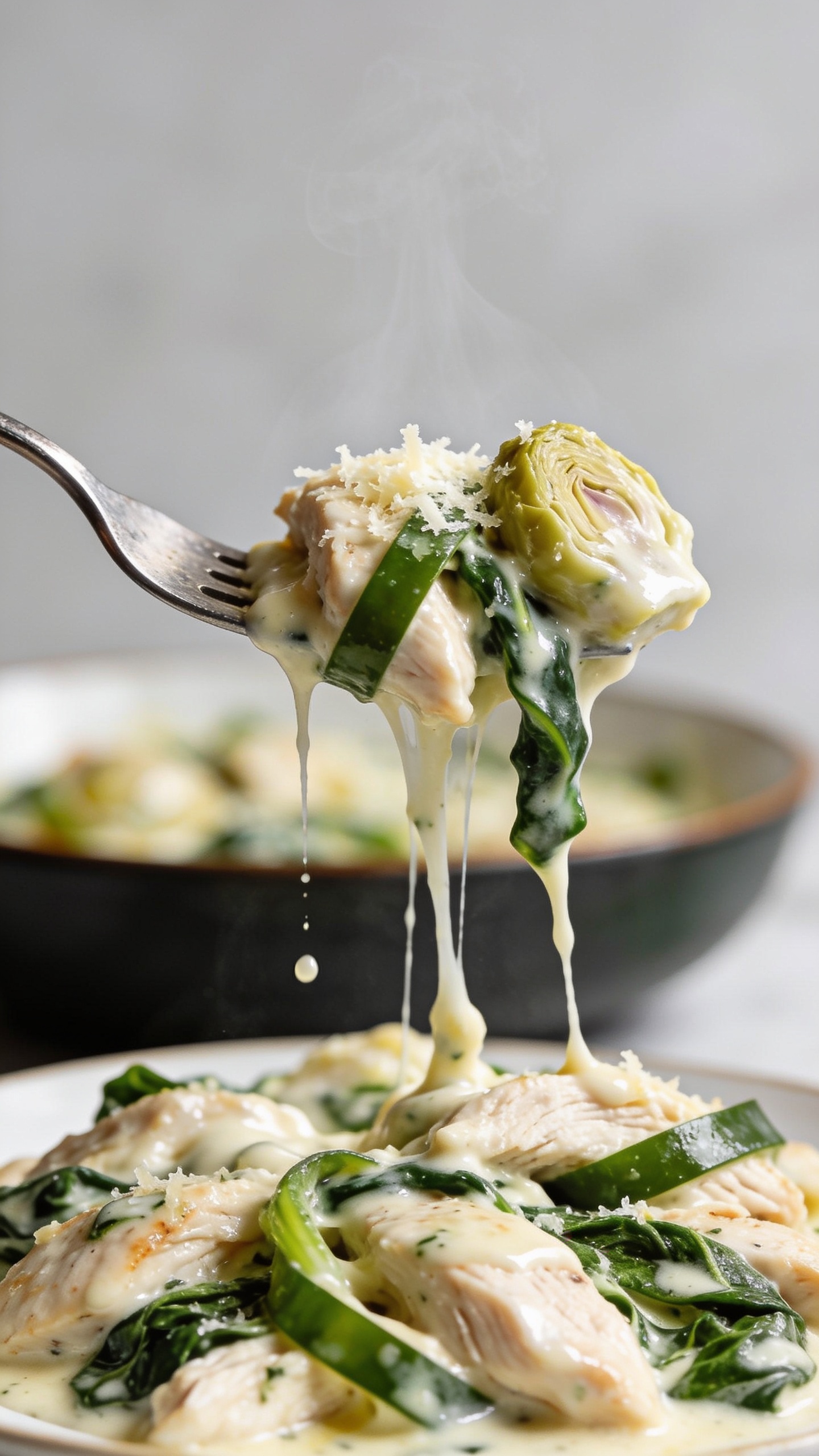 Action close-up capturing the single most irresistible bite: a fork lifting a perfect mouthful of the spinach artichoke chicken from the same bowl, strands of tender chicken draped in glossy, creamy sauce; a few spinach ribbons and a chunk of artichoke clinging; melted Parmesan stretching delicately from the fork to the plate; tiny droplets of sauce suspended midair; faint steam rising. Bright natural lighting, shallow depth of field with the forkful in crisp focus and the bowl blurred behind, vibrant greens and creamy whites popping. Food fills 90â95% of the frame, no hands visible, only the fork as the utensil, premium magazine-style drama and movement.