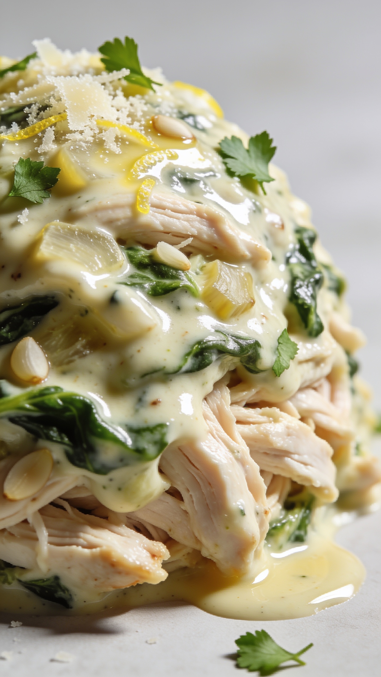 Macro side-angle close-up of the same finished dish showing texture and richness: shredded chicken mounded in creamy spinachâartichoke sauce, glossy surface with gentle ripples, visible flecks of garlic and lemon zest, grated Parmesan lightly melted on top creating a satin sheen, a few torn parsley leaves scattered. A small pool of sauce gathers at the base, catching highlights; edges of chicken appear juicy and succulent. Bright natural light with soft shadows, shallow depth of field isolating the front edge of the mound, food filling 90â95% of the frame, neutral backdrop and minimal props to keep focus on creamy, high-protein comfort.