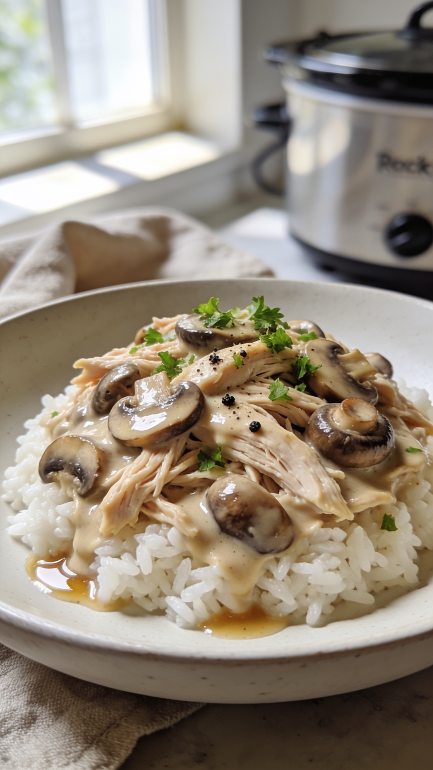 Ultra-close hero shot of High Protein Crockpot Mushroom Chicken: juicy shredded chicken breast bathed in a silky creamy mushroom sauce, nestled over fluffy white rice on a matte off-white shallow bowl. Sliced cremini and button mushrooms glistening, finely chopped fresh parsley scattered on top, a few cracks of black pepper, and a light drizzle of glossy sauce pooling at the edges. Bright natural window light from the left, soft shadows, shallow depth of field with bokeh in the background. Neutral linen napkin and a subtle hint of the crockpot vessel blurred far behind to suggest origin. Food fills 90â95% of the frame, textures of tender chicken strands, velvety sauce, and mushroom sheen emphasized, premium food-blog styling, no text.