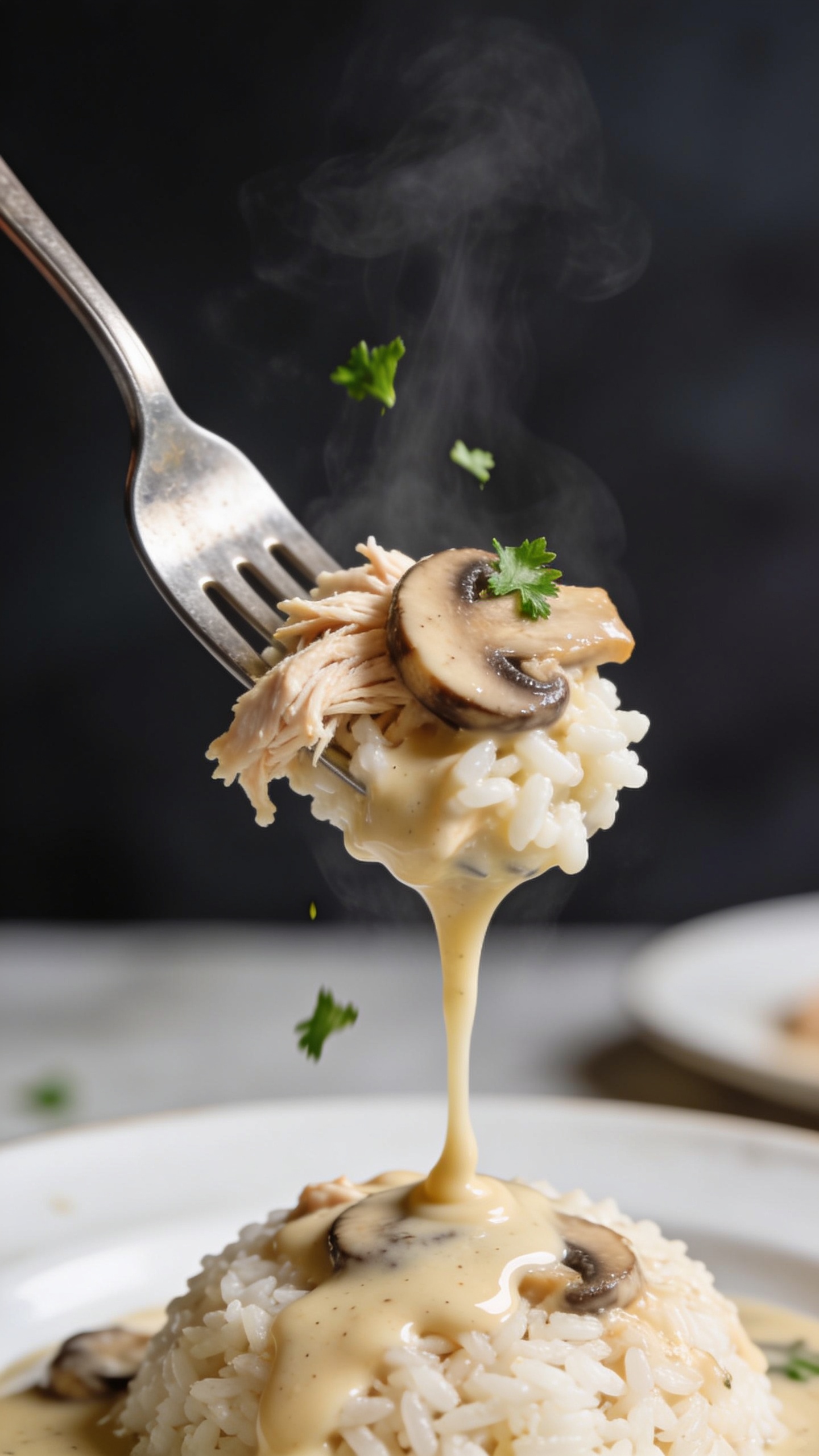 Dynamic action close-up: a fork lifting the perfect bite of the same creamy mushroom chicken over rice, captured midair one second before the mouth. The fork tines cradle a tender shredded cluster of chicken with a sliced mushroom cap and a bit of rice, creamy sauce clinging and slowly dripping in a glossy ribbon back onto the mound below. Fresh steam rising subtly, a few parsley flecks on the bite and falling through the air. Bright natural lighting, shallow depth of field, background plate blurred but consistent with hero styling. Food dominates 90â95% of the frame, no hands visible, just the utensil and the irresistible dripping sauce.