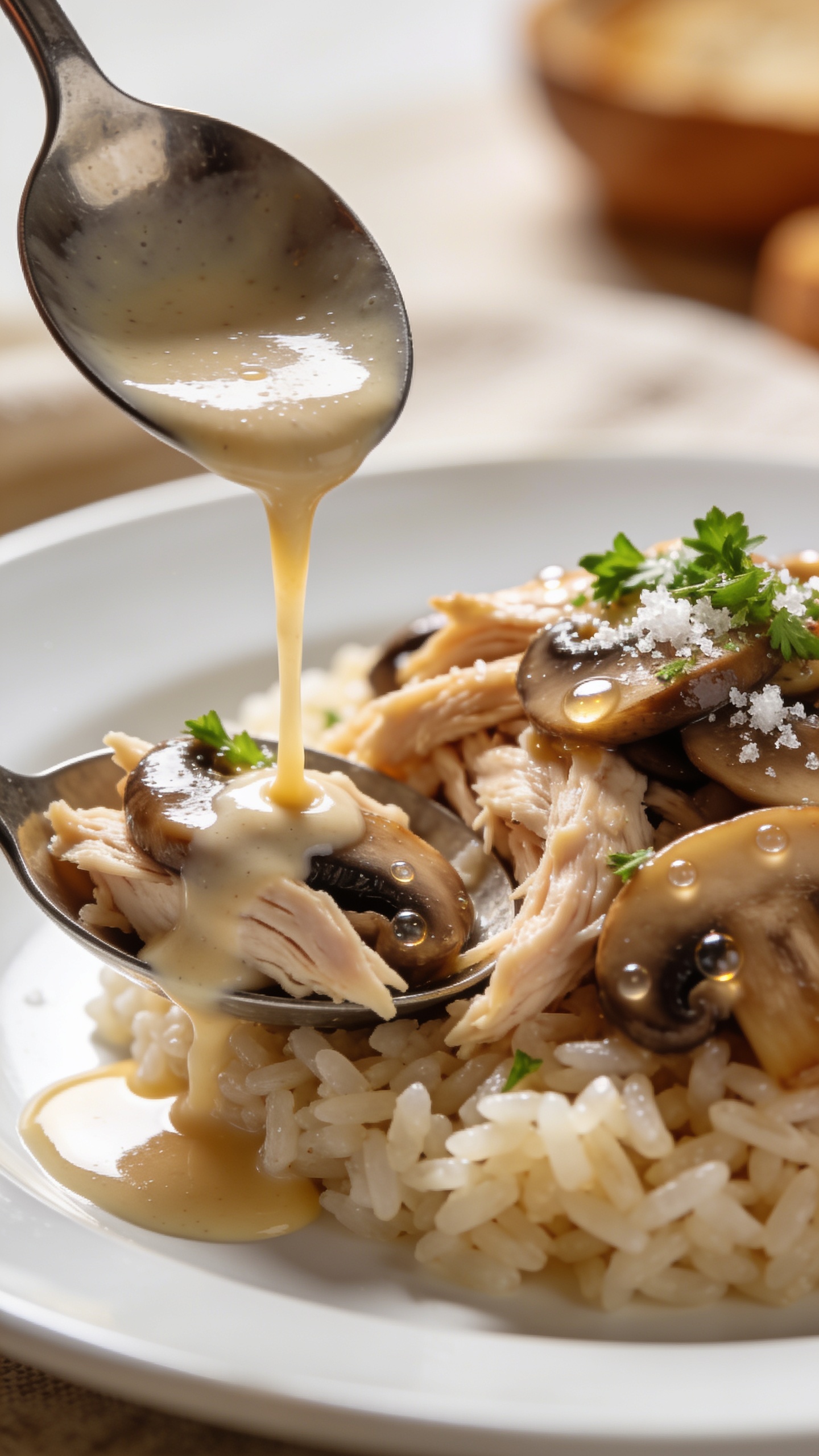 Extreme close-up from a low 45-degree angle of the plated dish consistent with image 1: shredded chicken breast and mushroom medley spooned over rice, extra ladle of creamy sauce just poured so it glows and lightly pools around the grains. Mushroom slices glossy and well-defined, micro-beads of sauce catching light, sprinkled parsley and a pinch of flaky salt on top. Bright natural side light enhancing sheen, shallow depth of field isolating a small section of the plate with rich textures, warm neutral props lightly blurred at the edges. Food fills 90â95% of the frame, cohesive premium styling, no text.