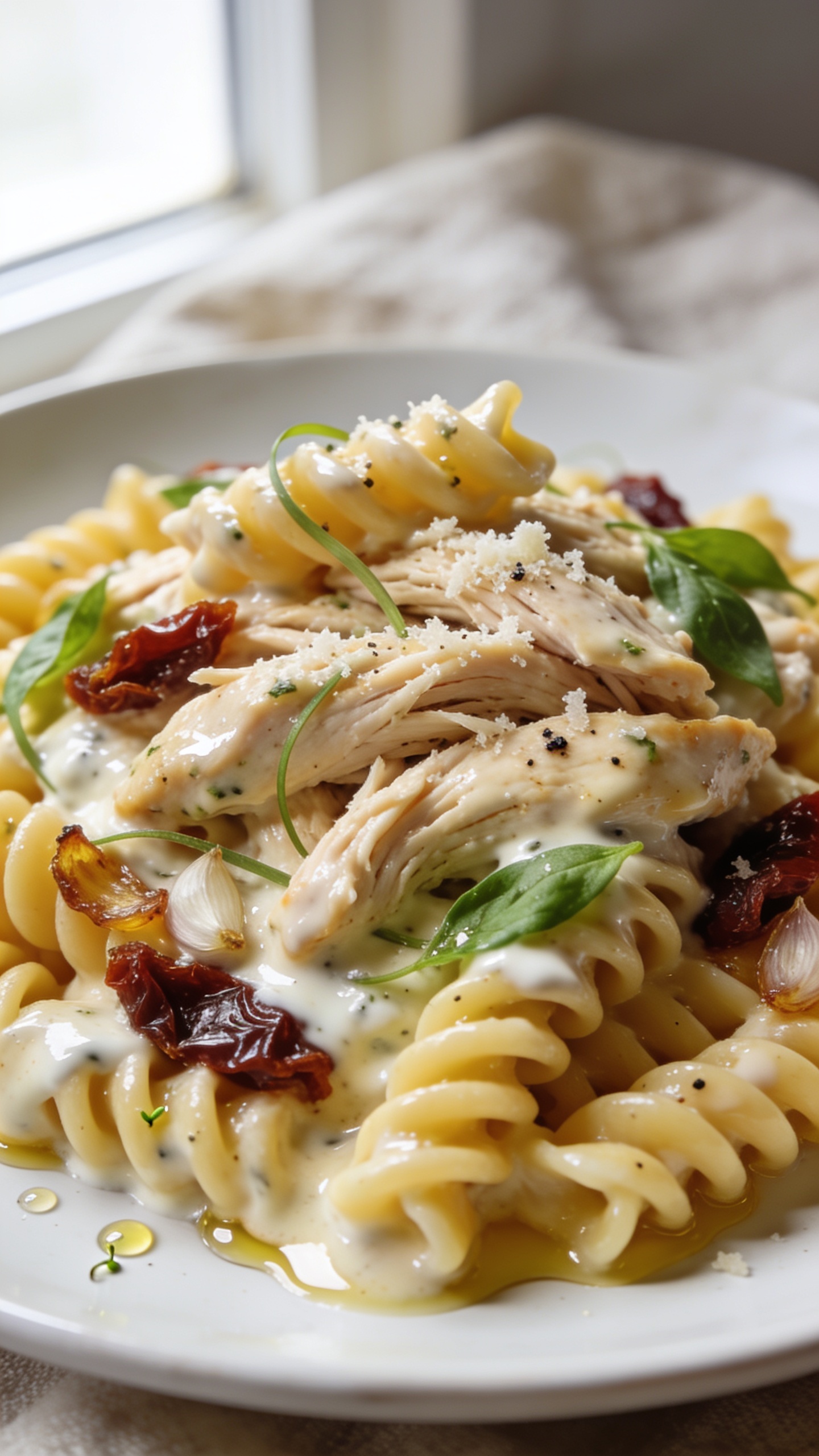 Ultra close-up hero shot of High Protein Crockpot Creamy Italian Chicken: shredded, ultra-tender chicken breasts coated in a glossy, velvety creamy Italian sauce made with Greek yogurt, light cream cheese, and Italian seasoning, arranged over al dente rotini pasta with a generous cloak of sauce pooling and clinging to spirals; hints of sun-dried tomatoes and sautéed garlic visible, thin ribbons of fresh basil and a light dusting of grated Parmesan scattered on top, a few cracks of black pepper, and micro droplets of olive oil glistening; bright natural window light from the left, shallow depth of field with the front curls of pasta and saucy chicken in crisp focus, background softly blurred with neutral linen and a white ceramic plate; rich, warm tones, premium food-blog styling, 90–95% of frame filled with the plated dish.
