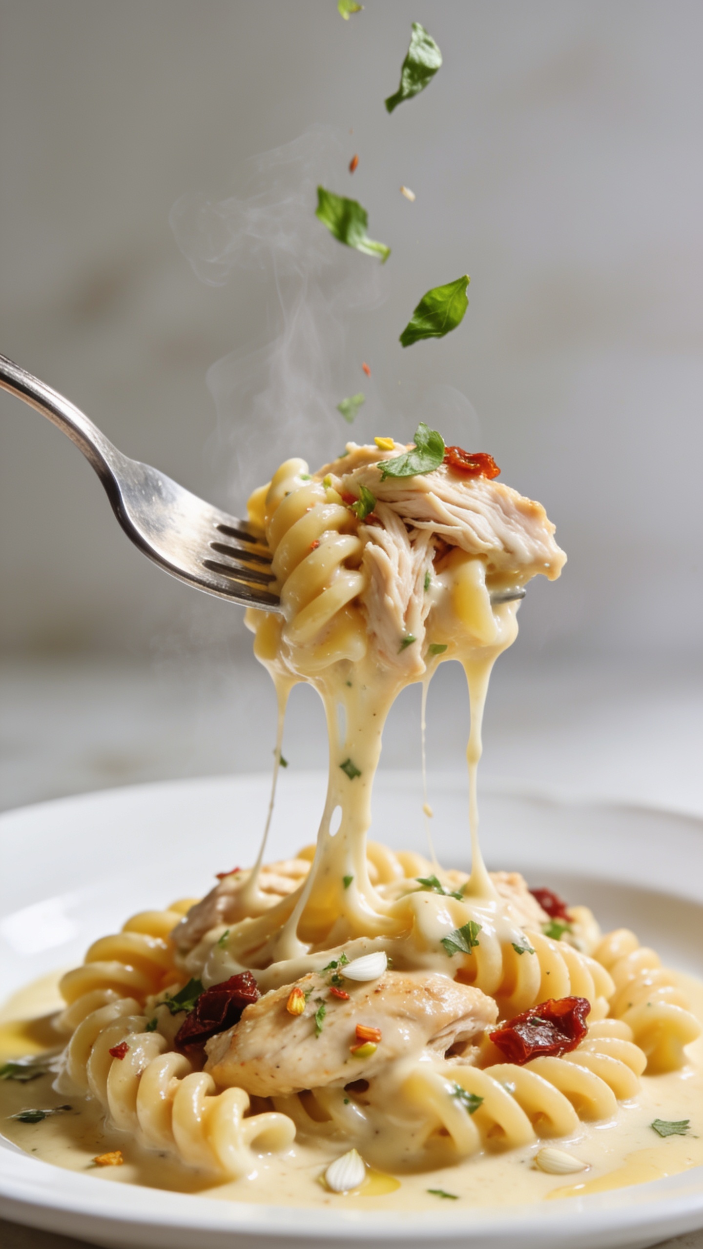 Dynamic action bite: extreme close-up of a polished fork lifting the perfect bite of the same creamy Italian chicken and rotini from the plate—strands of shredded chicken wrapped around sauce-slicked pasta spirals, creamy sauce stretching in silky ribbons from the plate to the fork; tiny flecks of Italian herbs and minced garlic dotting the sauce, specks of sun-dried tomato peeking through, basil confetti falling midair onto the bite; visible wisps of steam rising; bright natural light, shallow depth of field isolating the forkful, no hands visible, clean white plate and saucy surface below softly blurred; 90–95% of frame filled by the food and fork.