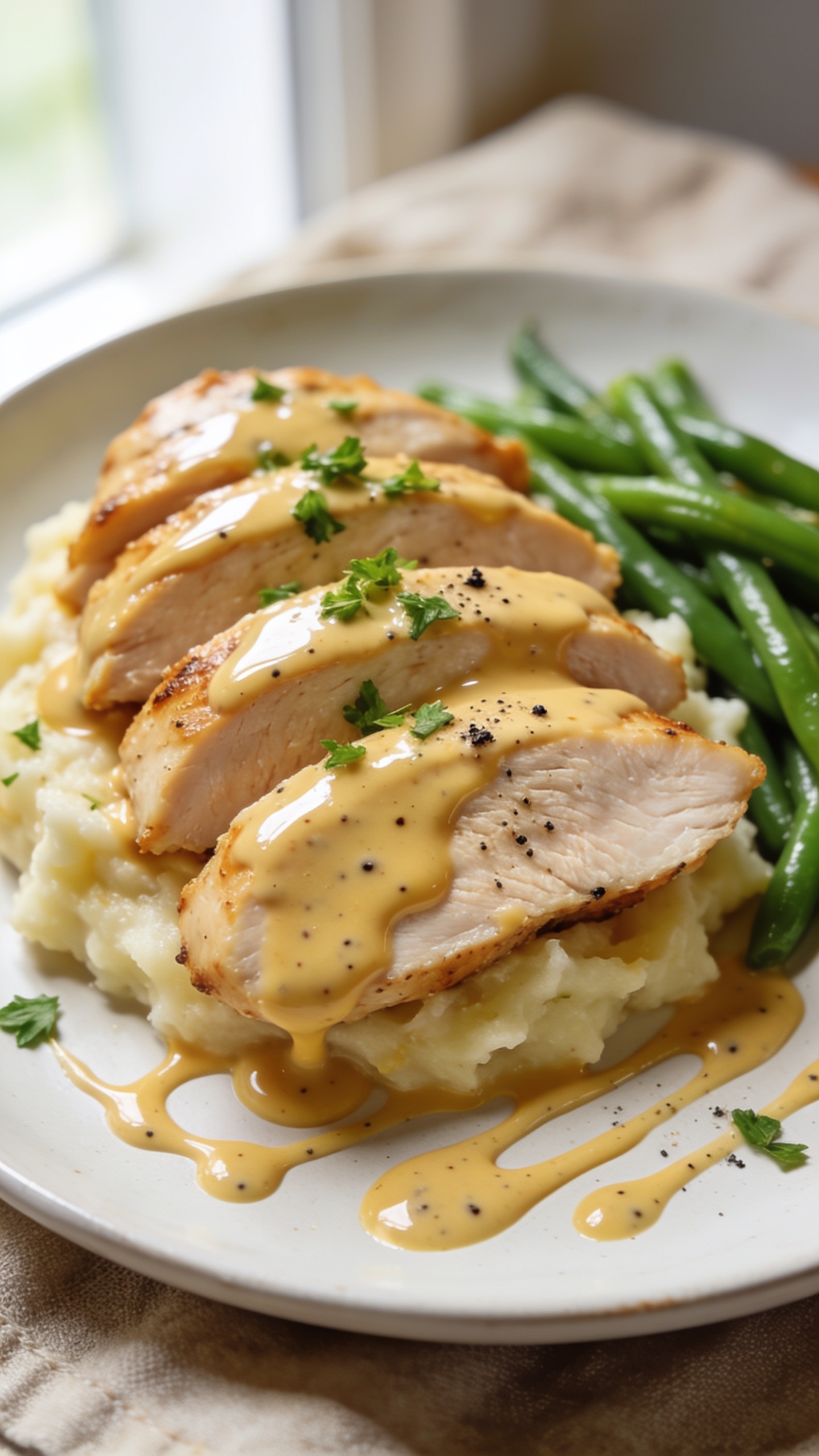 Ultra-close hero shot of High Protein Crockpot Creamy Dijon Chicken: juicy sliced chicken breasts nestled on a shallow white ceramic plate over a bed of fluffy garlic mashed potatoes with a side of vibrant steamed green beans. The chicken is generously coated in a glossy, velvety creamy Dijon sauce (pale golden with visible Dijon specks), lightly swirled across the plate with drips pooling naturally. Garnish with finely chopped fresh parsley and a few cracks of black pepper. Bright natural window light from the left, soft bounce on the right, shallow depth of field focusing on the front slice of chicken, background blurred. Premium food-blog styling, warm neutral linens, no text, no hands, 90–95% frame filled with food.
