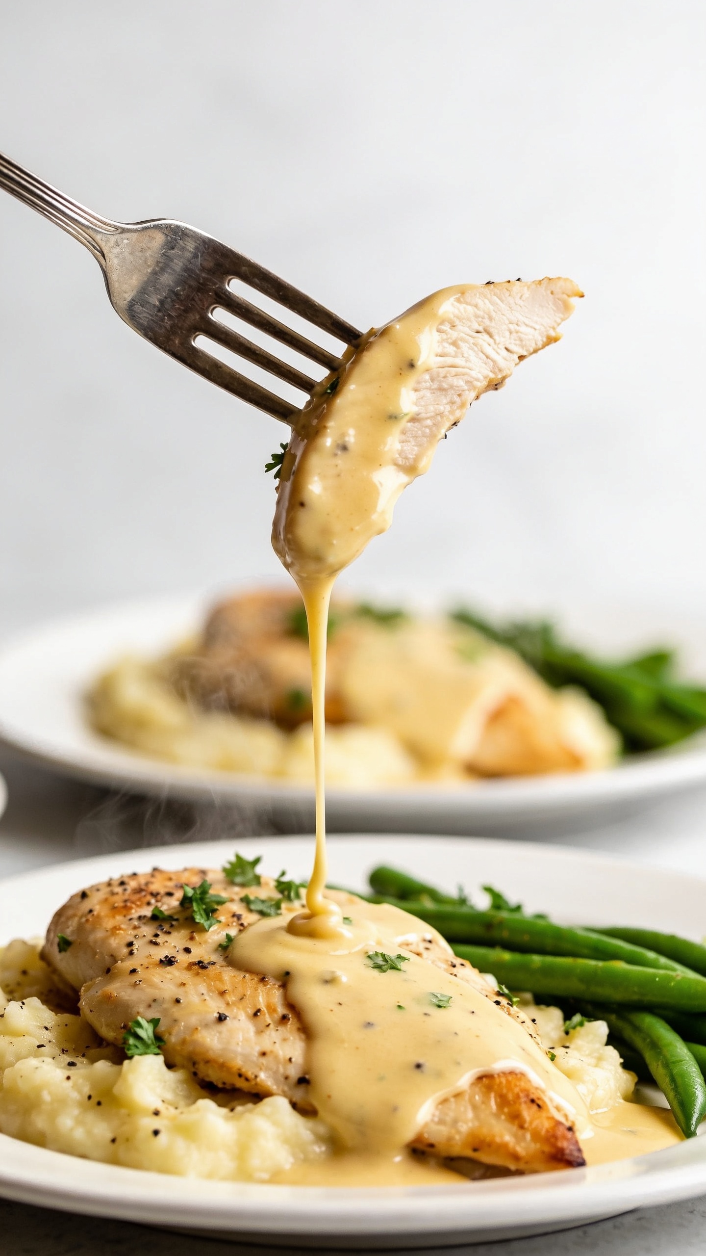 Dynamic action close-up: a polished fork lifting the perfect bite of the same creamy Dijon chicken—one thick, tender slice draped in glossy pale-gold sauce—hovering above the plate one second before the bite. A ribbon of creamy Dijon sauce slowly stretches and drips back onto the plated chicken below, with steam subtly rising. In the blurred background, the same plate composition remains consistent: chicken over mashed potatoes with green beans, parsley sprinkled, coarse black pepper visible. Bright natural light, shallow depth of field locked on the dripping sauce and forked bite, 90–95% frame filled with food, no hands or people.
