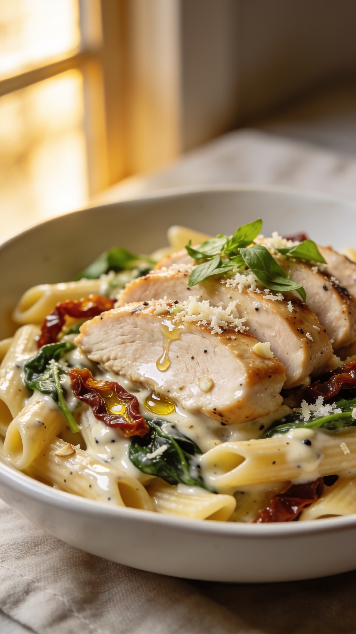 Extreme close-up hero image of High Protein Crockpot Marry Me Chicken: juicy sliced chicken breasts nestled over al dente penne, coated in a glossy, creamy Greek-yogurt-and-parmesan sauce with visible flecks of garlic and black pepper; ribbons of oil-kissed sun-dried tomatoes and wilted baby spinach throughout; a light shower of finely grated parmesan melting on contact and tiny tears of chicken juices pooling; scattered fresh basil chiffonade on top; warm, golden natural window light from the left, shallow depth of field with the front slice in tack-sharp focus and the background pasta softly blurred; white ceramic shallow bowl on a neutral linen, minimal props, food filling 90â95% of frame, premium food-blog styling.