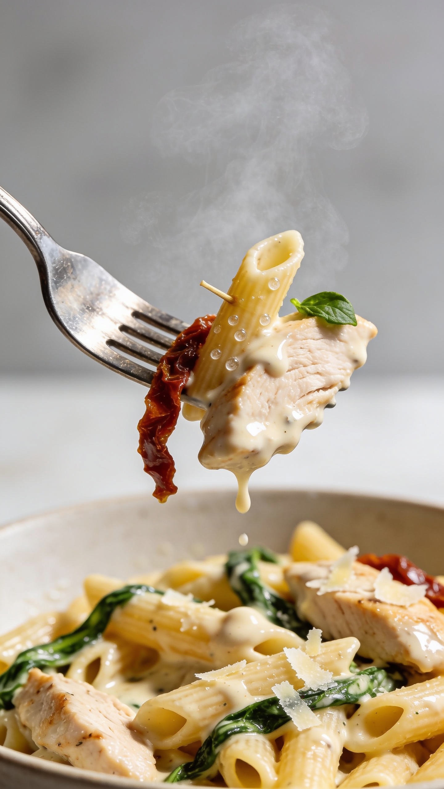 Dynamic action close-up: a polished silver fork lifting the perfect biteâone tender slice of chicken draped in silky, glossy cream sauce with a strand of penne and a strip of sun-dried tomato clinging to it; micro-beads of sauce glistening, a few parmesan shavings sticking and a fleck of basil on the edge; faint steam rising, frozen midair; the rest of the bowl below packed with saucy penne, spinach streaks, and more chicken; bright natural side light, shallow depth of field isolating the lifted bite, no hands visible, food filling 90â95% of the frame, magazine-cover anticipation.