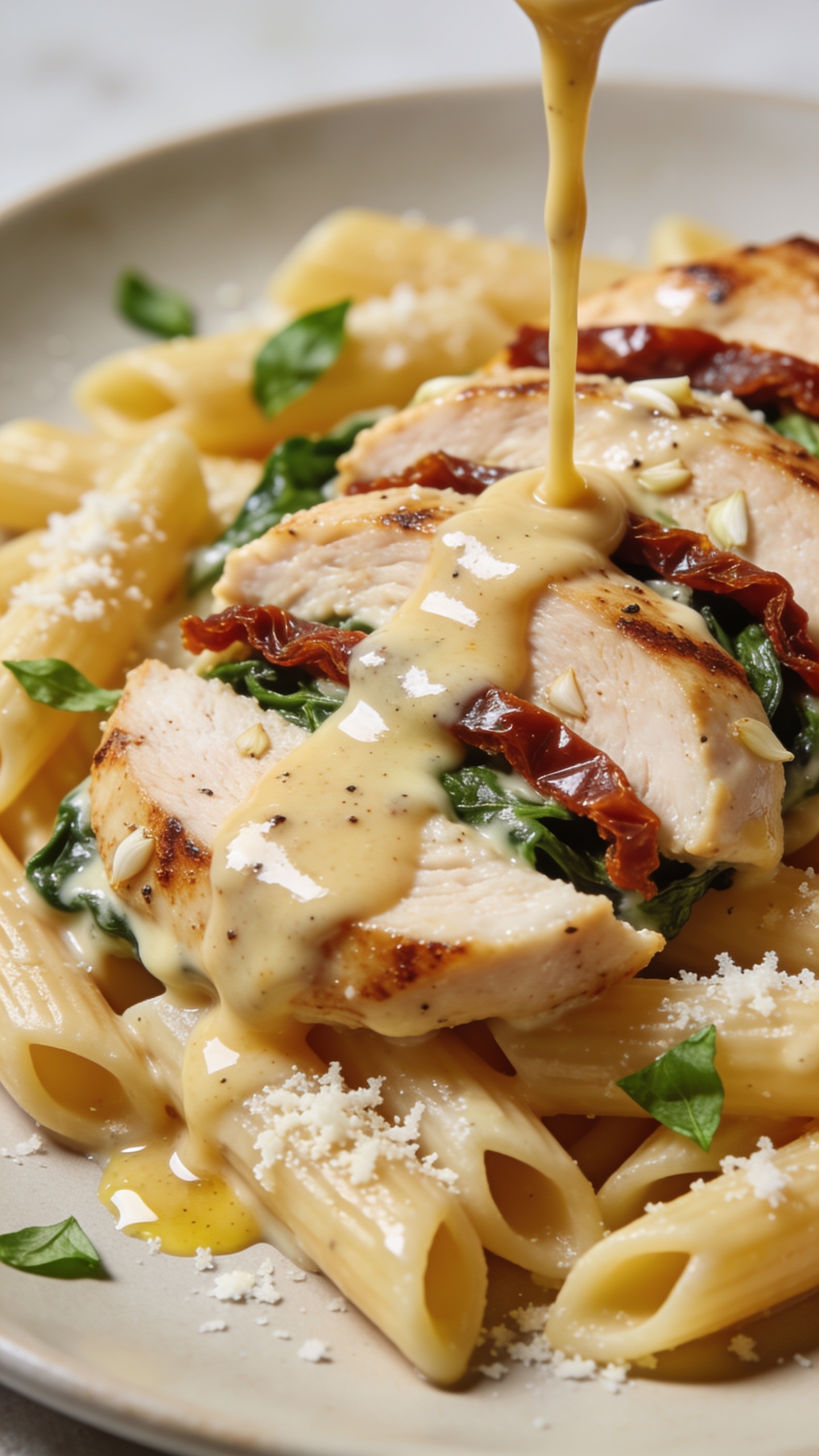 Tight macro from a different angle: the chicken breast sliced on a slight bias atop penne, edges lightly seared, each slice lacquered in creamy sauce with visible garlic and pepper; sun-dried tomato strips tucked between slices, wilted spinach peeking through; a slow drizzle of extra sauce just finishing over the top, captured mid-pour as a glossy ribbon; fine-grated parmesan melting into tiny pools, fresh basil confetti scattered; bright natural light, soft shadows, shallow depth of field focusing on the sauciest slice, neutral plate and background, food dominating 90â95% of the frame, rich textures and vibrant colors.
