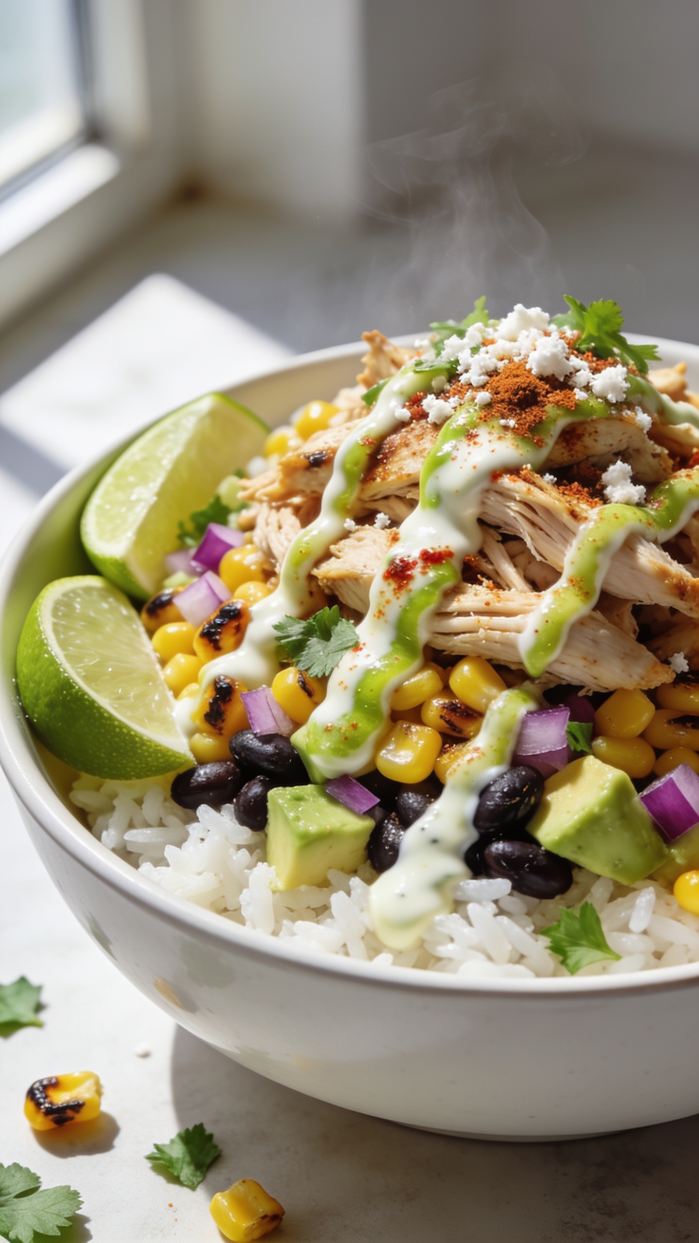 Ultra close-up hero shot of a High Protein Rotisserie Chicken Street Corn Bowl: shallow white ceramic bowl filled 90–95% of frame with fluffy white rice base, piled high with juicy shredded rotisserie chicken, charred golden corn, black beans, diced ripe avocado, finely chopped red onion, and vibrant cilantro. Generous drizzle of glossy creamy yogurt-lime sauce streaked with chili-lime and smoked paprika, a sprinkle of cotija crumbles, and dusting of Tajín/chili powder. Two lime wedges tucked at the rim, a few corn char bits and cilantro leaves scattered naturally. Bright natural window light from the left, soft shadows, shallow depth of field blurring the background to pale neutral tones. Food glistening, steam subtly rising from the warm chicken and corn, premium food-blog styling, no text, no hands.