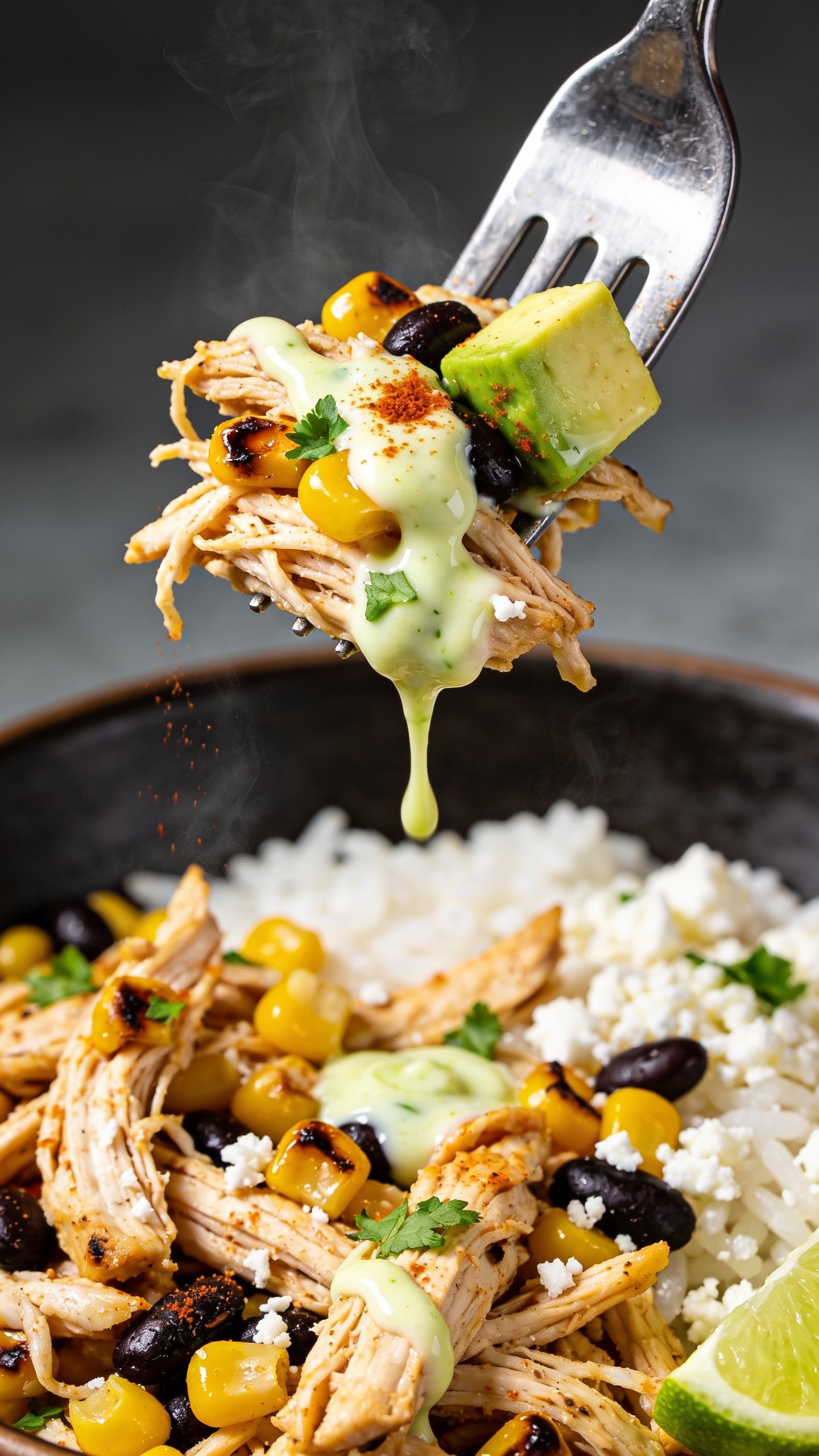 Dynamic action close-up capturing the single most irresistible bite being lifted with a fork: a shiny fork lifting the perfect mouthful from the same bowl—shredded rotisserie chicken strands tangled with charred corn kernels and black beans, a small cube of avocado, flecks of cilantro, and glossy ribbons of creamy yogurt-lime sauce trailing from the tines. A drip of sauce caught mid-fall back to the bowl; fine chili powder dusting visible on the sauced bite; steam gently rising. The rest of the bowl beneath fills the background—white rice, more chicken, cotija crumbles, lime wedge at the edge—softly blurred by shallow depth of field. Bright natural lighting, high contrast on juicy textures and glossy sauce, no hands or people, food filling 90–95% of the frame.