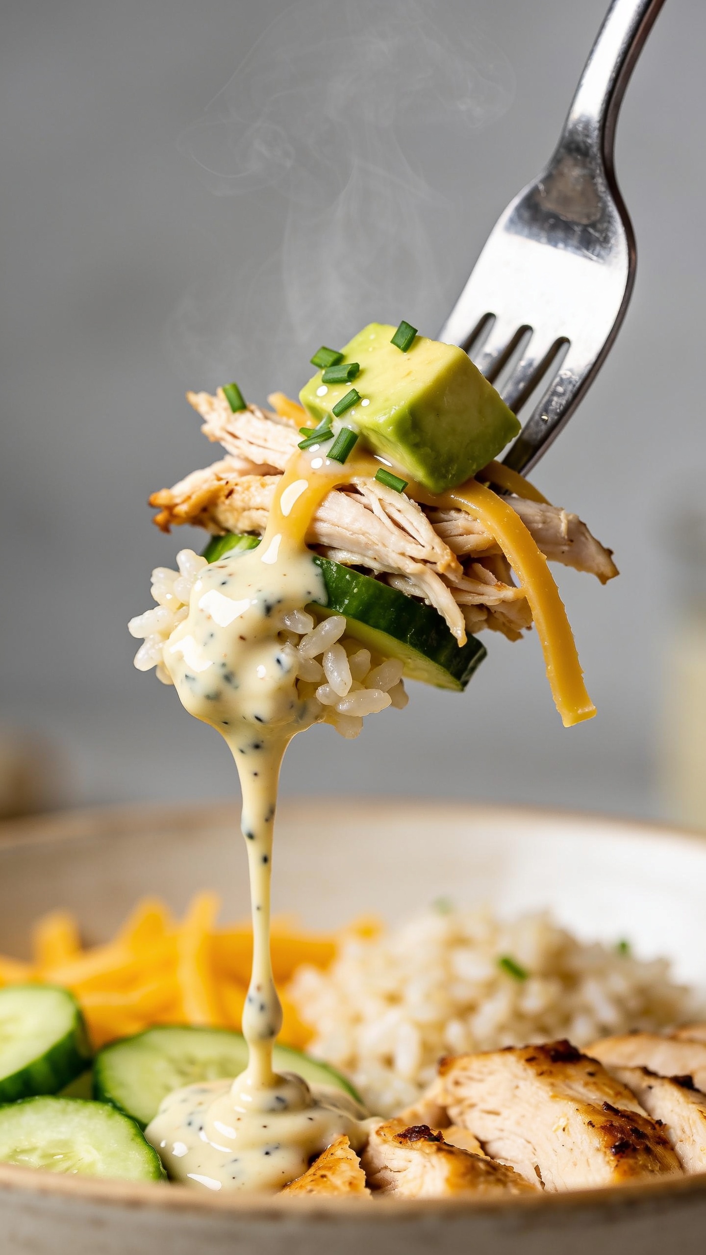 Dynamic action close-up capturing the perfect bite: a polished fork lifting a stacked bite from the same bowl—juicy rotisserie chicken shreds, a cube of avocado, a few grains of rice, a slice of cucumber, and a strand of cheddar—trailing a silky ribbon of speckled ranch dressing that stretches from the bowl to the fork; faint steam rising, micro-beads of dressing glossy, chopped chives clinging to the bite; no hands visible, background bowl softly blurred, bright natural lighting, ultra shallow depth of field, 90–95% food-filled frame, intense texture and movement.