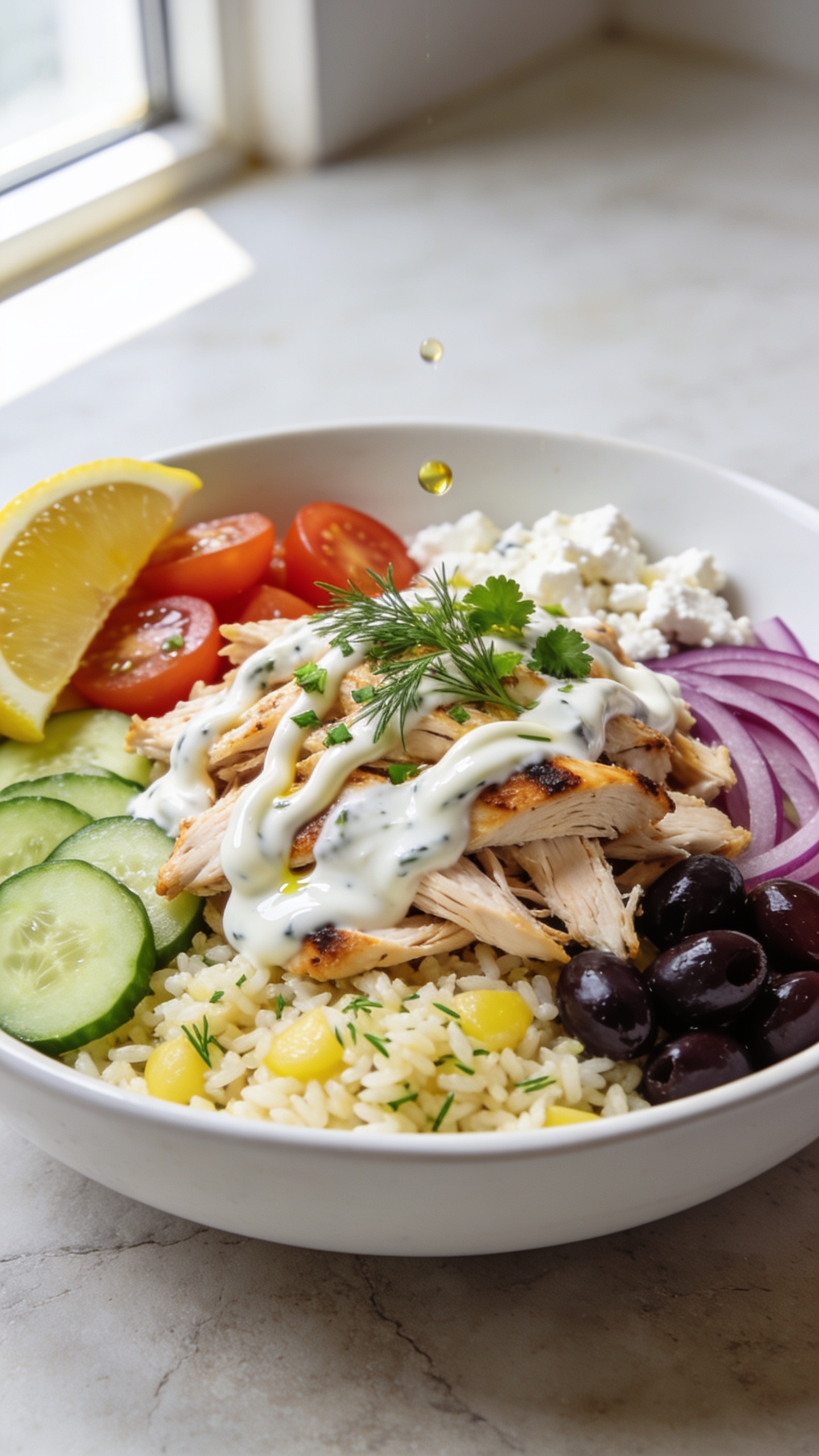 Ultra-close hero shot of a high-protein Greek bowl built with shredded rotisserie chicken, fluffy lemon-herb rice base, crisp cucumber half-moons, juicy cherry tomato halves, thin red onion, kalamata olives, crumbled feta, and a generous drizzle of creamy tzatziki over the chicken; garnished with chopped fresh dill and parsley, lemon wedge tucked at the edge. Bright natural window light from the left, white ceramic shallow bowl on a matte light stone surface, a few olive oil droplets catching the light, shallow depth of field with the front third of the bowl in razor focus. The chicken looks juicy with light charred edges, glossy tzatziki swirls, vibrant Mediterranean colors, premium food-blog styling. Food fills 90–95% of the frame, no text, no hands, no people.