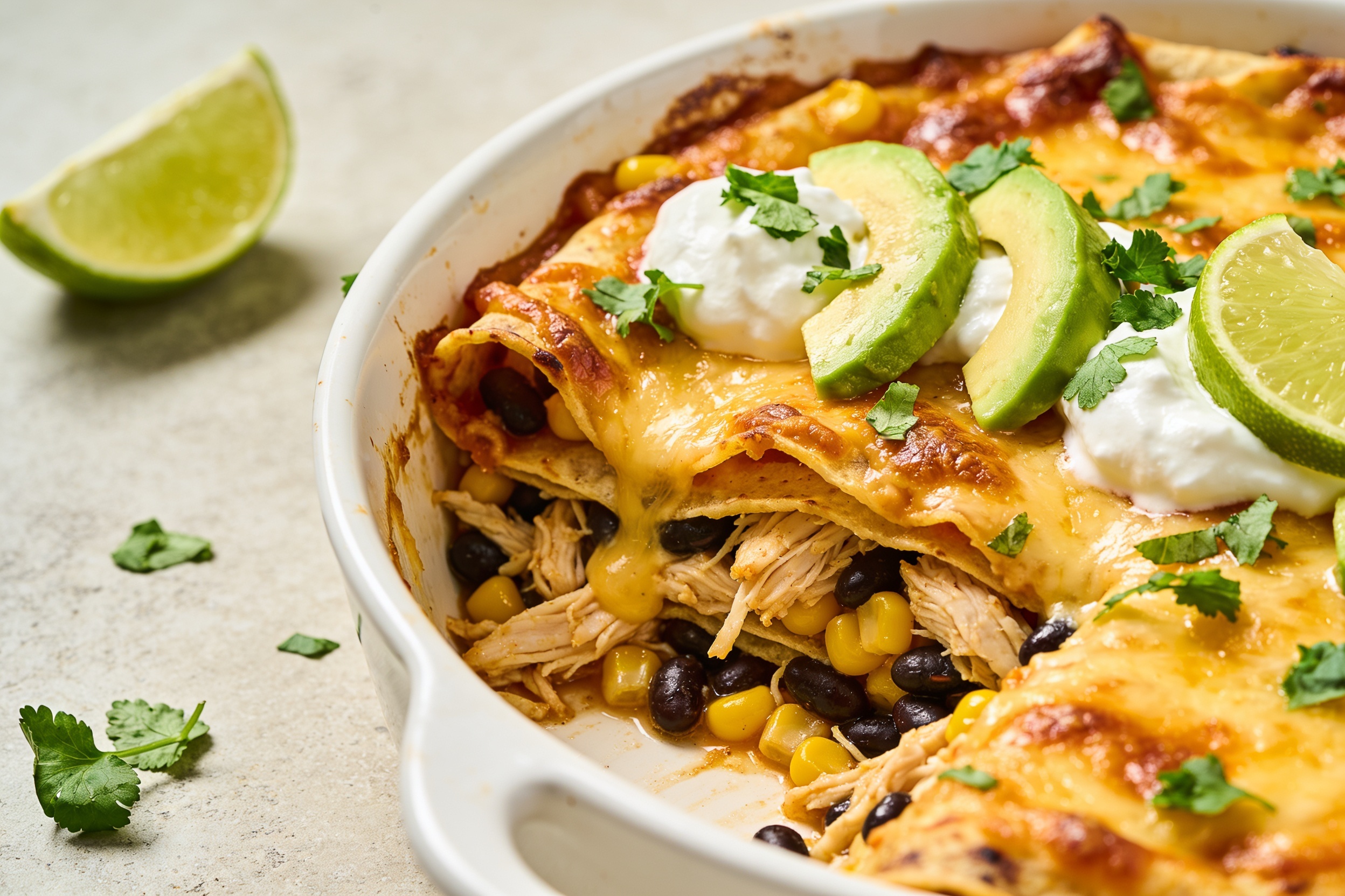 High Protein Rotisserie Chicken Enchilada Casserole
