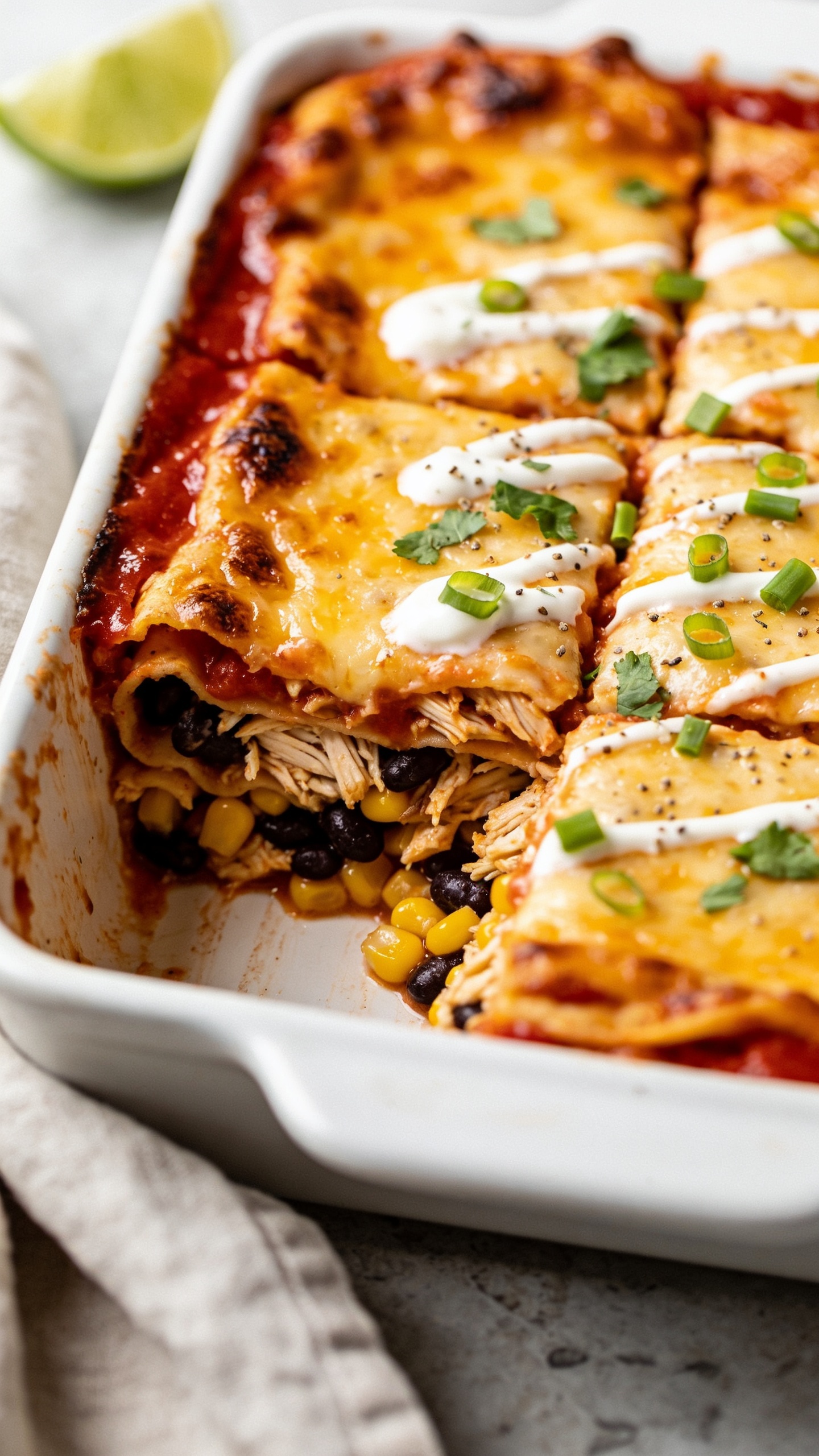 Ultra-close hero shot of a freshly baked high-protein rotisserie chicken enchilada casserole, layered and neatly cut into squares in a white ceramic baking dish. The top is a bubbling, golden-brown molten cheese blanket with lightly charred edges, glossy red enchilada sauce peeking through between layers, and visible shreds of juicy rotisserie chicken, black beans, and fire-roasted corn at the exposed corner slice. Garnish with a light scatter of chopped fresh cilantro and thinly sliced green onions, a few micro-beads of crema/Greek yogurt dolloped and gently swirled into the sauce, and a wedge of lime slightly out of focus in the background. Bright natural side lighting, shallow depth of field, 90–95% frame filled with the casserole, premium food-blog styling on a neutral stone surface with a soft linen napkin.