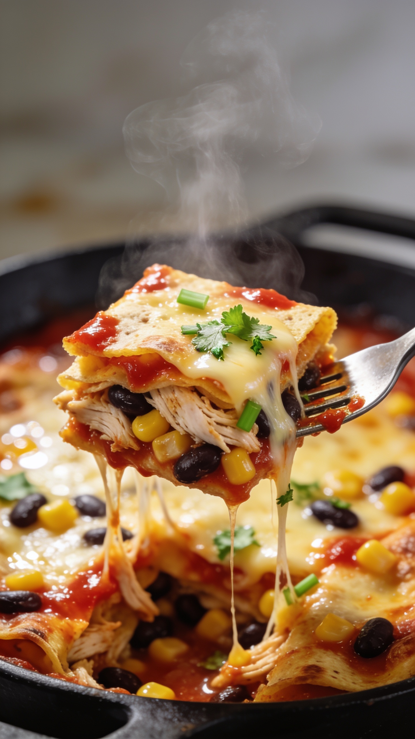 Dynamic action close-up capturing the single most irresistible bite: a fork lifting a perfect, steaming square-edge bite of the enchilada casserole from the dish. The bite shows distinct layers—saucy tortilla, juicy rotisserie chicken strands, black beans, fire-roasted corn—capped with stretchy, melted cheese pulling delicate strands back to the pan. Glossy red enchilada sauce clings to the fork’s tines; a few flecks of cilantro and green onion adhere to the cheese. Gentle wisps of steam rise, frozen mid-air. Background softly blurred with the rest of the casserole glowing and bubbly. Bright natural light, shallow depth of field, 90–95% of frame filled with food, no hands visible, premium magazine cover energy.