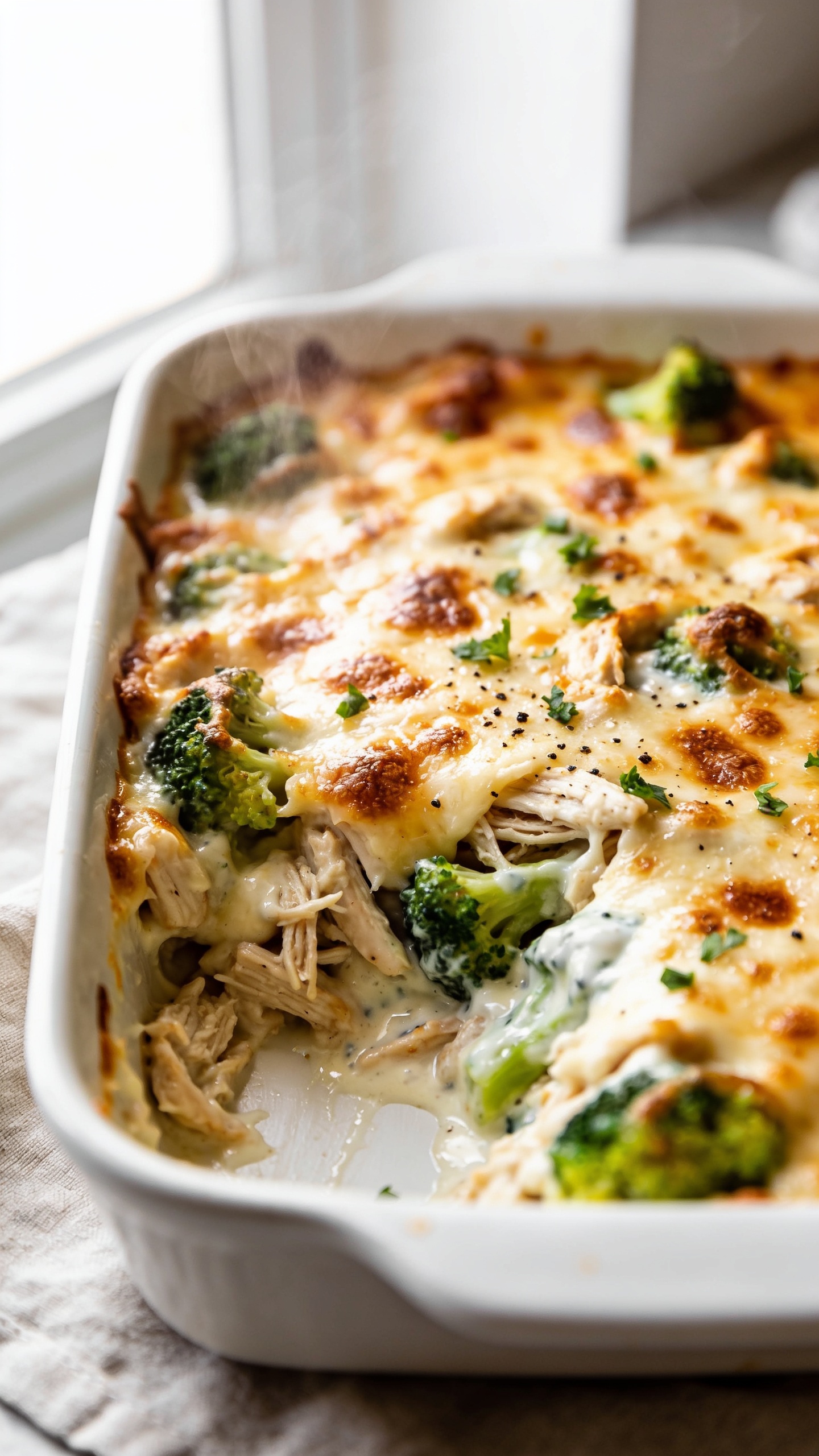 Ultra-close hero shot of a freshly baked High Protein Rotisserie Chicken Broccoli Casserole in a white ceramic baking dish, filling 90–95% of the frame. Golden-brown, bubbly melted cheese blanket with browned crispy spots, visible shredded rotisserie chicken, bright green crisp-tender broccoli florets peeking through a creamy, glossy Greek-yogurt-based sauce. Light sprinkle of fresh chopped parsley and cracked black pepper on top. Steam subtly rising. Bright natural window light from the left, shallow depth of field with the front corner of the casserole in sharp focus, soft vignette background of a neutral linen. Premium food-blog styling, vibrant colors, rich textures, no text.