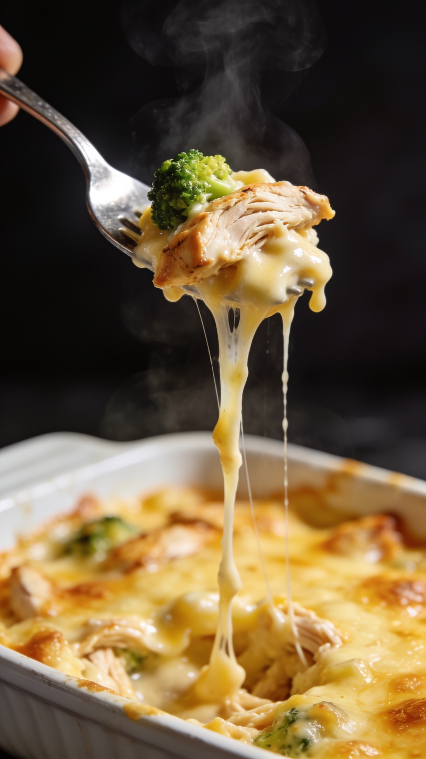 Dynamic action close-up capturing the single most irresistible bite: a fork lifting a perfect mouthful of the same casserole one second before the bite. Cheese stretches in silky strands from the dish to the fork, with a juicy chunk of shredded rotisserie chicken, a small broccoli floret, and creamy sauce clinging to the bite, glossy and steaming. The baking dish remains below, slightly out of focus but clearly the same casserole with golden bubbly top. Bright natural lighting, shallow depth of field, food filling 90–95% of frame, only the fork visible as the utensil, no hands or people, premium magazine-cover energy.