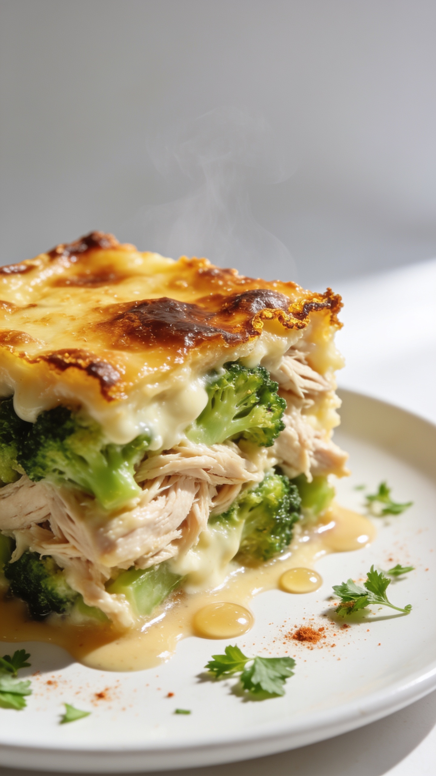 Extreme close-up from a 45-degree angle of a neatly scooped square portion of the same casserole on a simple white plate, filling 90–95% of the frame. Layers clearly visible: tender shredded chicken, vivid green broccoli, and a velvety creamy sauce under a caramelized, blistered cheese top with crispy edges. Tiny beads of glossy sauce pooling at the base, sprinkled with fresh parsley and a hint of paprika, faint steam rising. Bright natural light from the right, shallow depth of field, clean minimal backdrop to emphasize juicy textures and melted cheese.