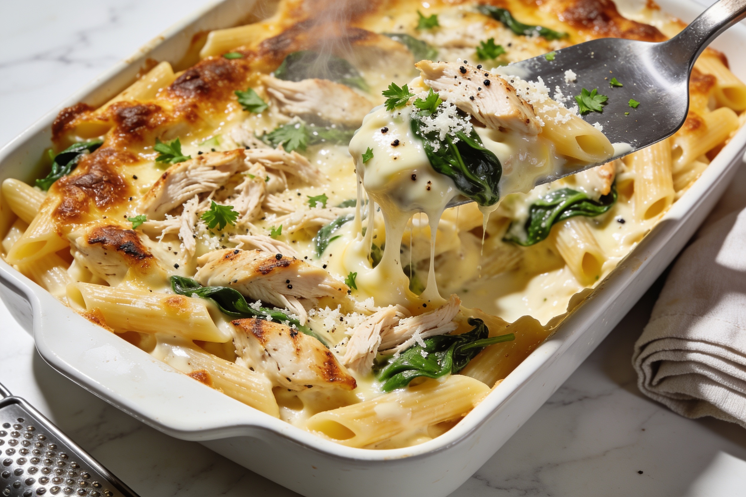 High Protein Rotisserie Chicken Alfredo Casserole