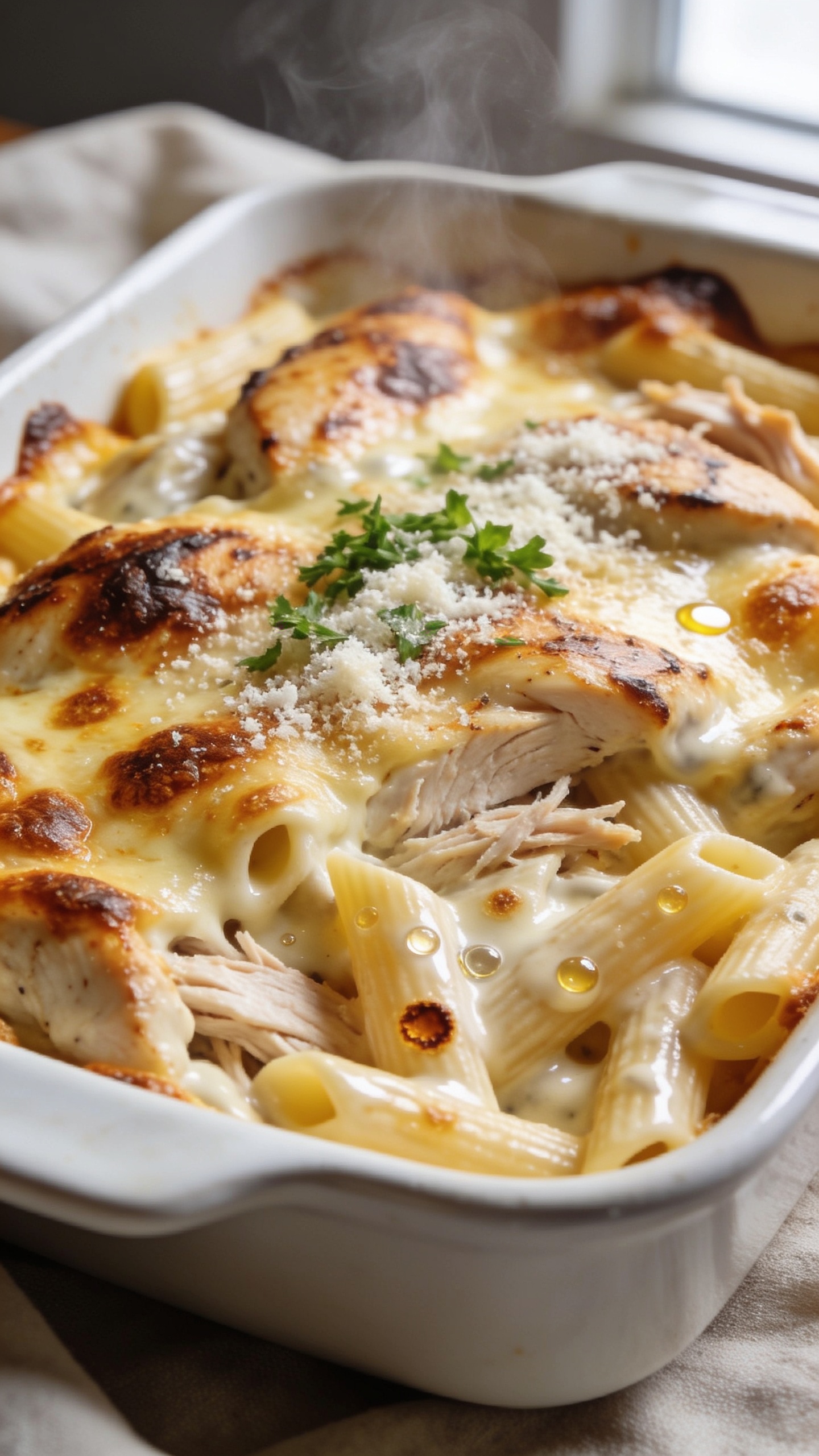 Extreme close-up hero shot of a freshly baked high-protein rotisserie chicken Alfredo casserole in a white ceramic baking dish, filling 90–95% of the frame. Golden, bubbly mozzarella-parmesan topping with deep caramelized brown blisters and crisp edges, creamy Alfredo sauce visibly peeking through pasta ridges and shredded rotisserie chicken. Garnished with a light dusting of freshly grated parmesan and a scatter of finely chopped parsley. Silky, glossy sauce clings to al dente penne, with a few browned cheese craters and tiny oil bubbles catching bright natural window light. Shallow depth of field, soft blurred background with neutral linen, premium food-blog styling, steam gently rising to suggest fresh-from-oven warmth.