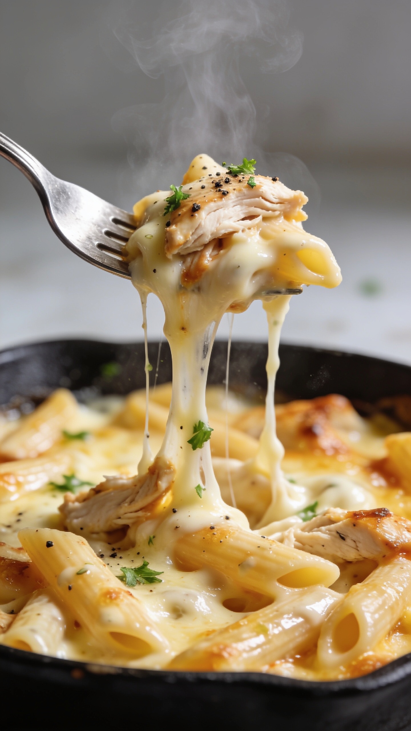 Dynamic action close-up: a stainless fork lifting the perfect bite of the same casserole one inch above the dish, frozen mid-air. Long, stretchy strands of melted mozzarella pulling from the pan to the fork, revealing tender shreds of rotisserie chicken and saucy penne coated in glossy, garlic-kissed Alfredo. A faint wisp of steam rises; micro flecks of cracked black pepper and fresh parsley cling to the cheese. The golden, bubbly surface of the casserole below remains in sharp, mouthwatering focus on the pull point, with the rest falling into creamy bokeh. Bright natural lighting, 90–95% food-filled frame, no hands visible, premium magazine cover energy.
