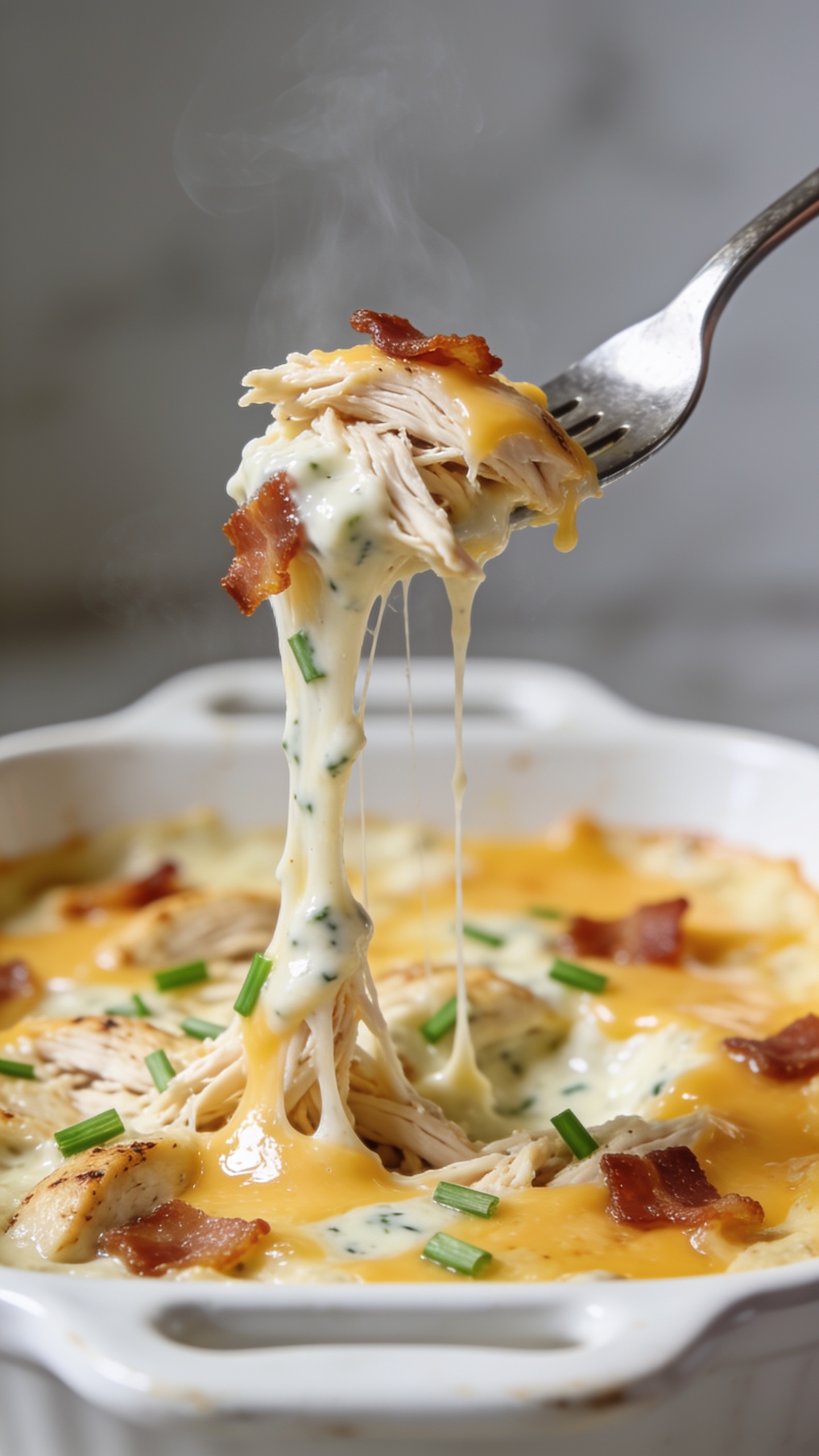 Dynamic action close-up capturing a fork lifting the perfect bite from the same casserole, one second before it reaches the mouth. The lifted bite shows juicy strands of shredded rotisserie chicken bound by creamy ranch sauce, melted cheese stretching in long gooey ribbons back to the dish, with a few crisp bacon bits clinging to the bite. Steam rises subtly, fresh green chives dot the surface, glossy sauce catches the light. The white enamel baking dish remains in the background, softly blurred. Bright natural lighting, shallow depth of field with tack-sharp focus on the lifted forkful, no hands or people visible, food filling 90–95% of the frame.
